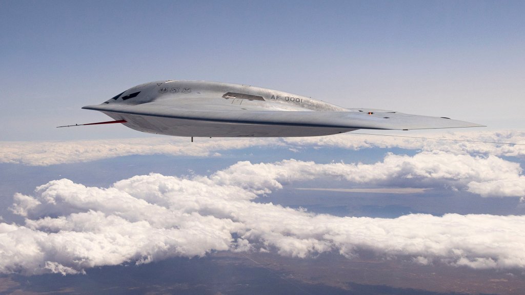 A B-21 Raider conducts flight testing, which includes ground testing, taxiing, and flying operations, at Edwards Air Force Base, California. The B-21 will interoperate with our allies and partners to deliver on our enduring commitment to provide flexible strike options for coalition operations that defend us against common threats. (Courtesy photo)