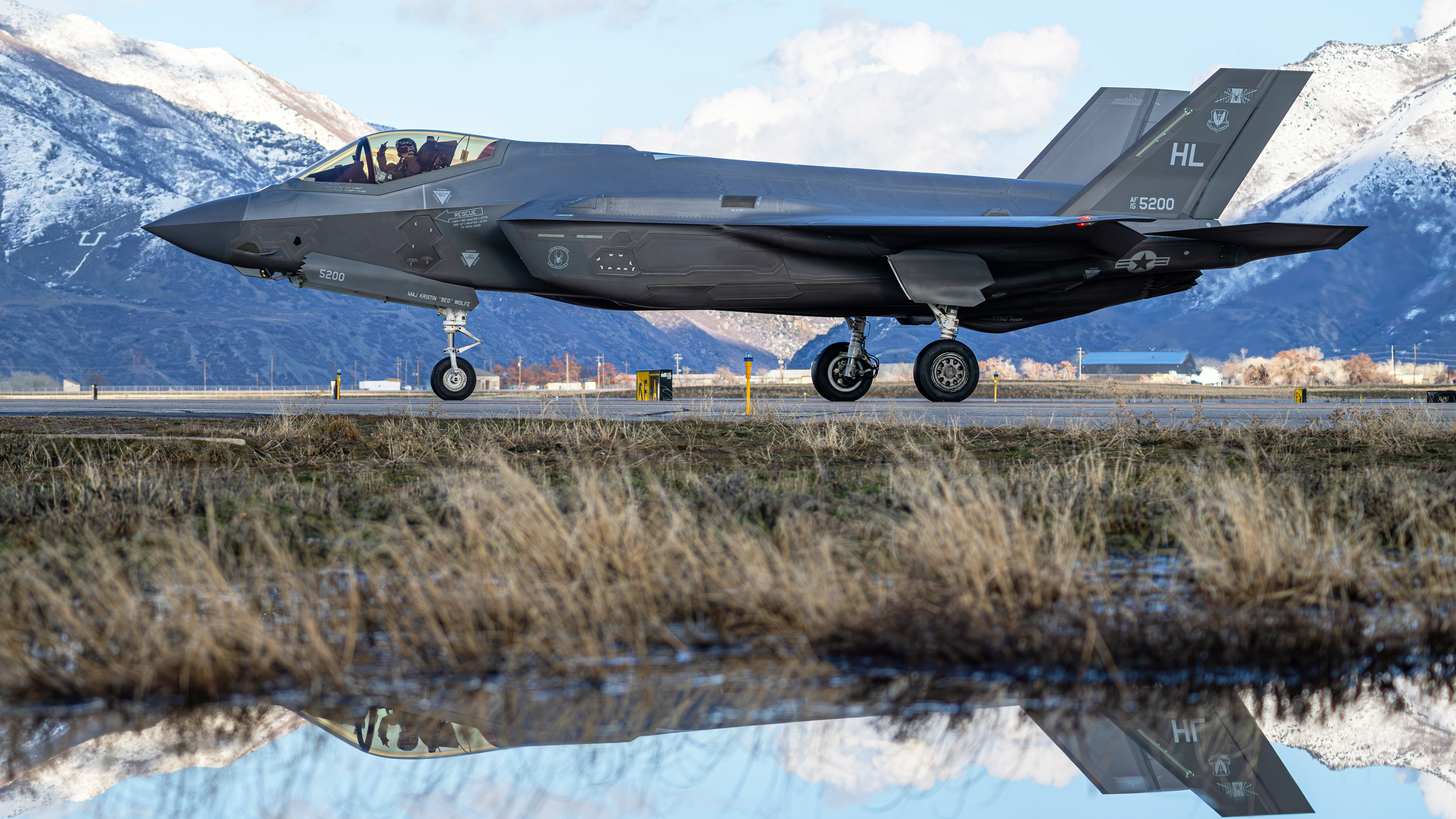 U.S. Air Force Capt. Melanie “MACH” Kluesner, F-35A Lightning II Demonstration Team pilot and commander, taxis off the runway after being certified on her aerial demonstration by the 388th Wing commander at Hill Air Force Base, Utah, Feb. 22, 2024. Upon wing commander certification, the F-35 Demo Team pilot is required to complete the Air Combat Command Heritage Flight Training Course. (U.S. Air Force photo by Staff Sgt. Kaitlyn Ergish)