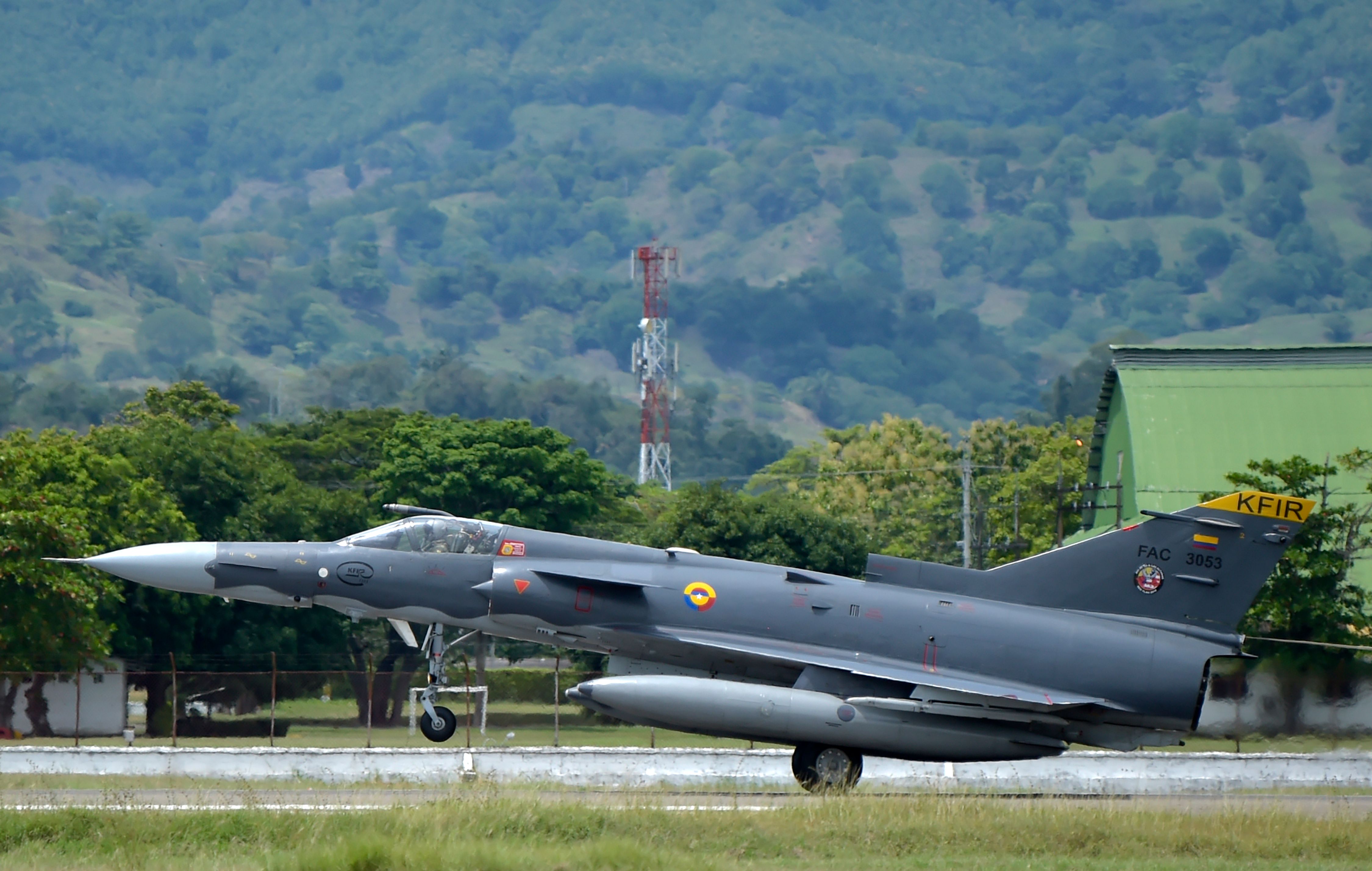 Kfir multirole combat aircraft lands at Combat Air Command Base during the 210th anniversary of the country's independence, in Puerto Salgar, Cundinamarca department on July 20, 2020. (Photo by Raul ARBOLEDA / AFP) (Photo by RAUL ARBOLEDA/AFP via Getty Images)