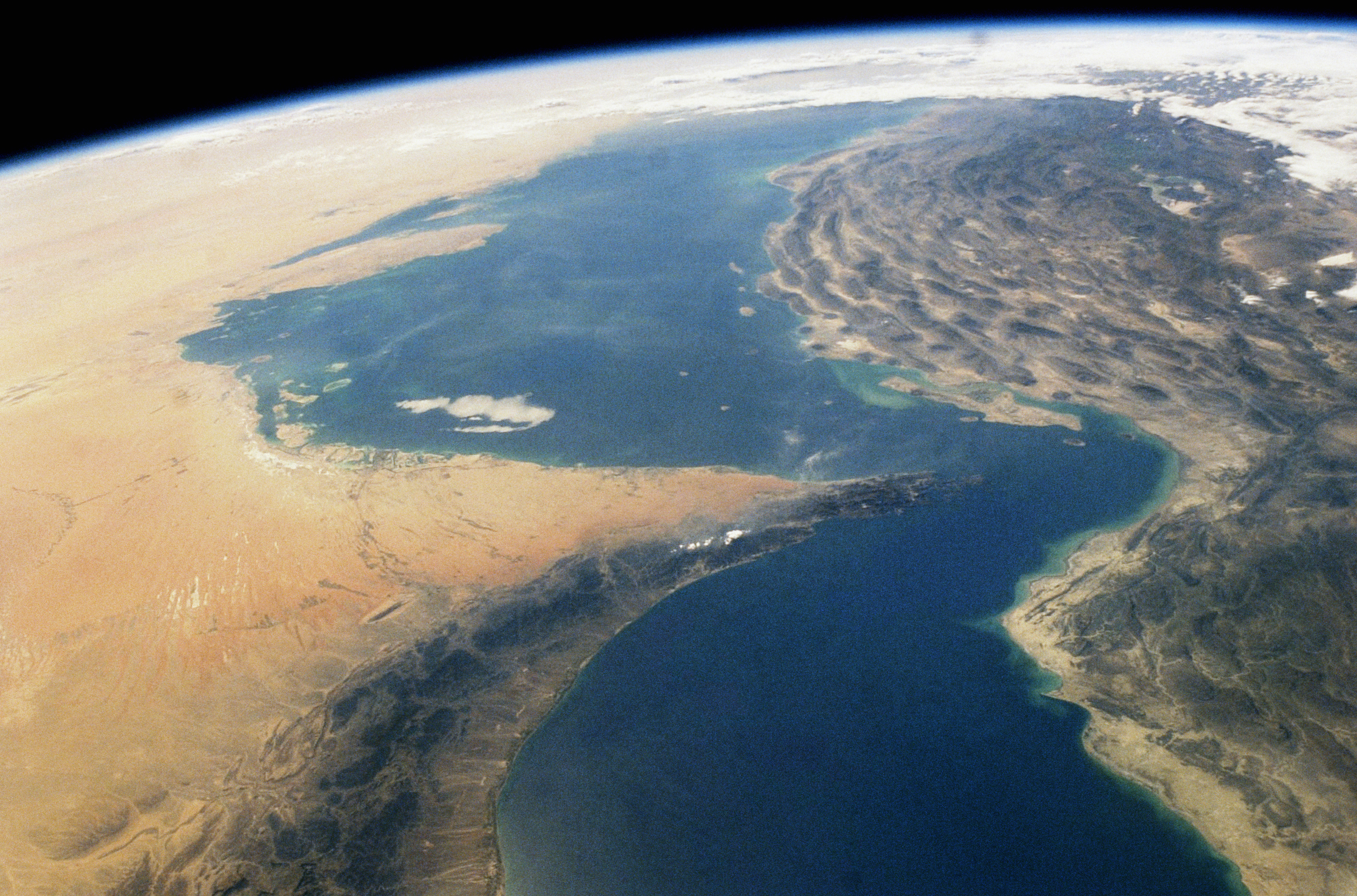 This image shows the Strait of Hormuz, between the Persian Gulf and the Gulf of Oman. The Strait of Hormuz runs between Iran and United Arab Emirates, 2004.