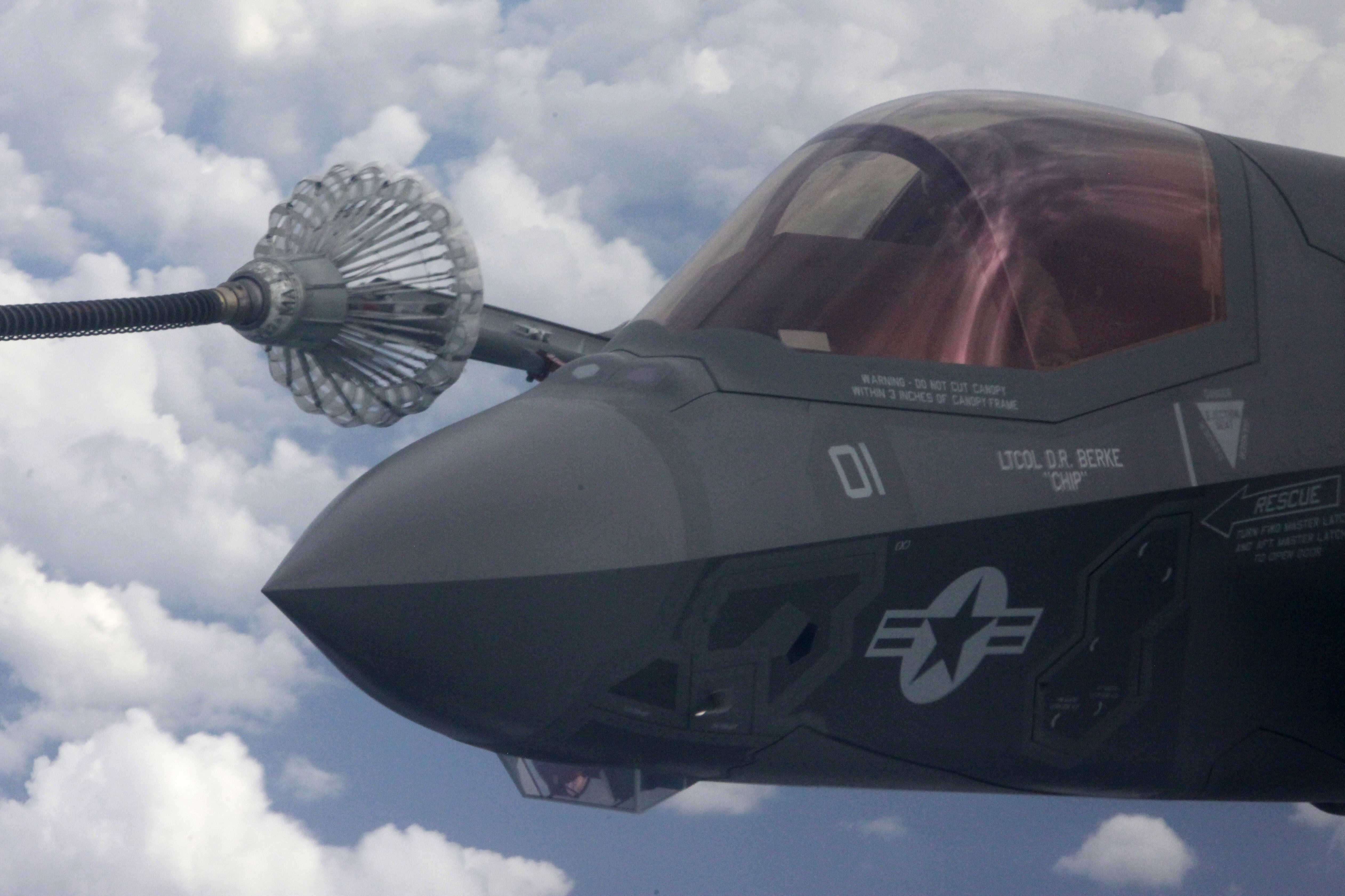 An F-35B Joint Strike Fighter conducts the first aerial refueling of its kind with a KC-130J Hercules in the sky above Eglin Air Force Base, Fla., Oct. 2. Previous aerial refueling operations with the F-35 have been conducted only with test aircraft. "It's great to start to expand our operational capability in the context of working with the Marine Air-Ground Task Force," said Lt. Col. David Berke, who commands the F-35B squadron, Marine Fighter Attack Training Squadron 501, at Eglin. The KC-130J was from Marine Aerial Refueler Transport Squadron 252, based out of Marine Corps Air Station Cherry Point, N.C.