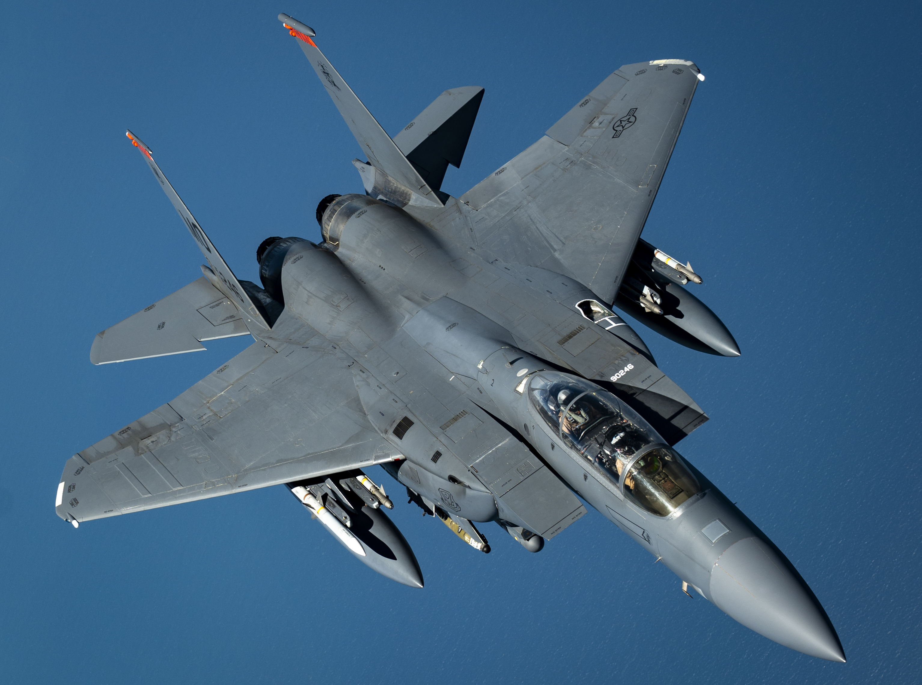 A U.S. Air Force F-15E Strike Eagle flies a combat air patrol over the U.S. Central Command area of responsibility, April 11, 2025. The F-15E Strike Eagle provides the capability to deter and, if necessary, target violent extremist organizations within the AOR. (U.S. Air Force photo by Senior Airman Keegan Putman)
