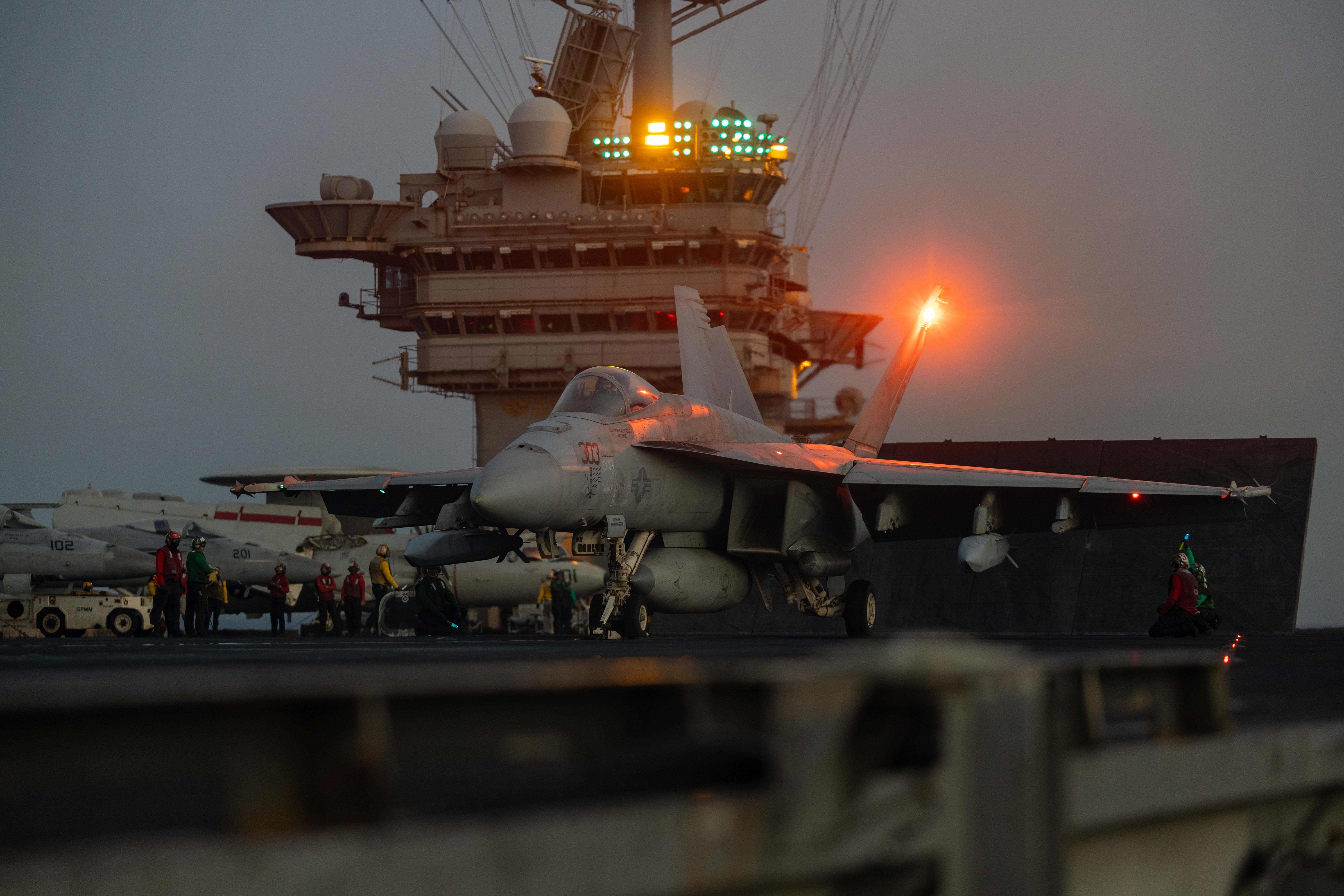 250502-N-SW048-1198 U.S. CENTRAL COMMAND AREA OF RESPONSIBILITY (May 2, 2025) An F/A-18E Super Hornet, attached to Strike Fighter Squadron (VFA) 81, launches from the flight deck of the Nimitz-class aircraft carrier USS Harry S. Truman (CVN 75) during flight operations in the U.S. Central Command area of responsibility. (Official U.S. Navy photo)