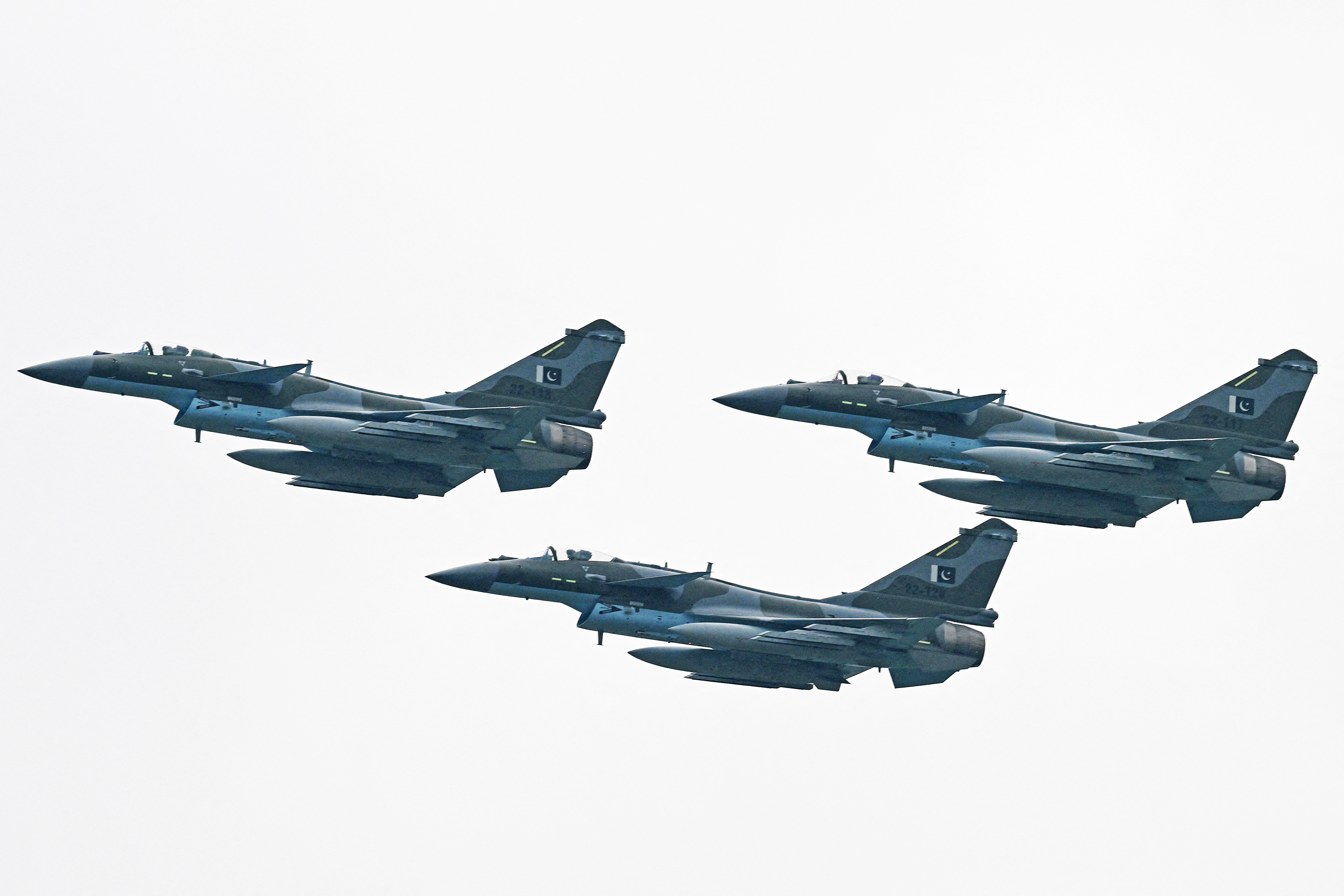 Pakistan Air Force J-10C fighter jets perform at a rehearsal ahead of Pakistan's national day parade in Islamabad on March 21, 2024. (Photo by Aamir QURESHI / AFP) (Photo by AAMIR QURESHI/AFP via Getty Images)