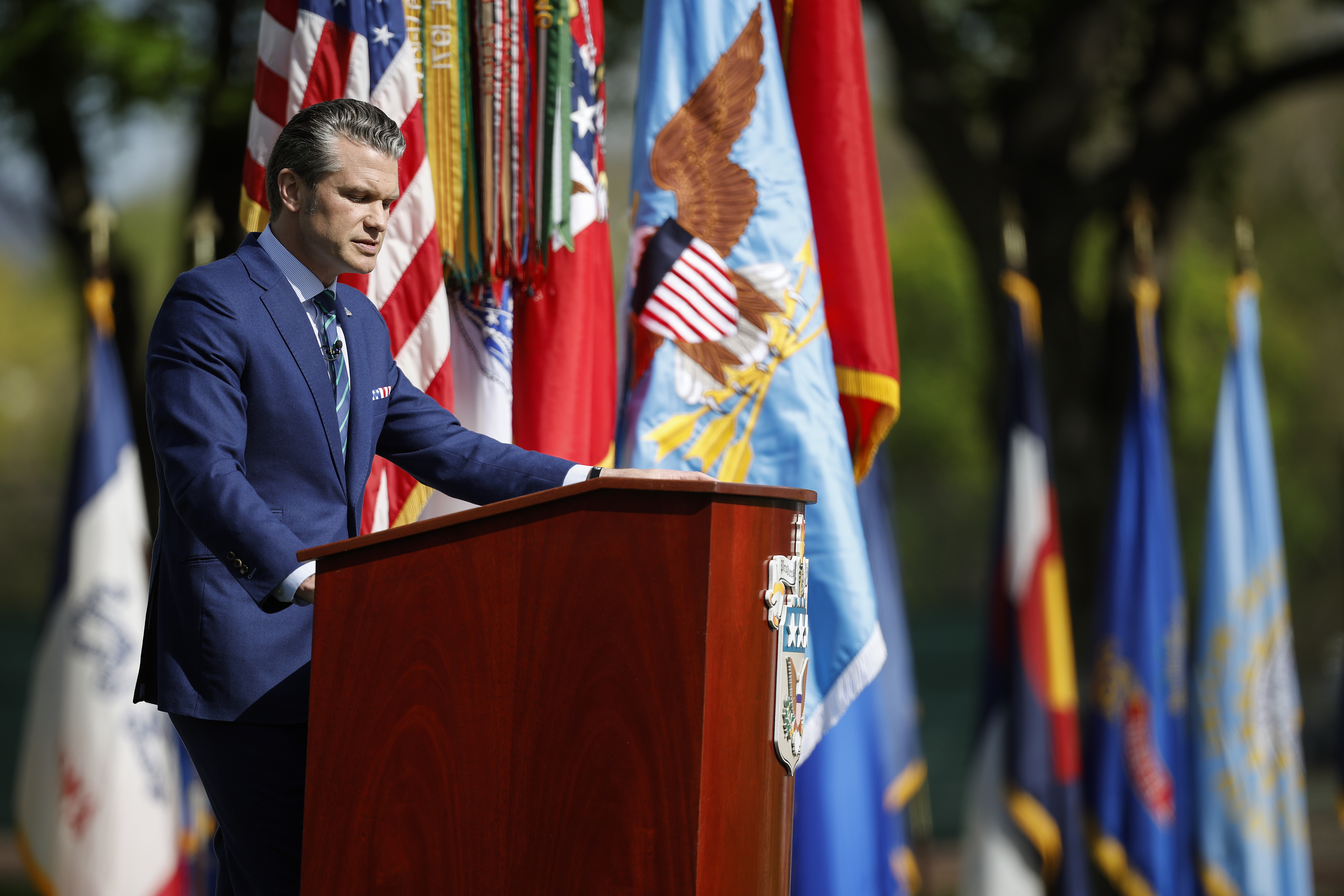 CARLISLE, PENNSYLVANIA - APRIL 23: U.S. Secretary of Defense Pete Hegseth delivers remarks to students, faculty and staff at the U.S. Army War College on April 23, 2025 in Carlisle, Pennsylvania. The visit comes amid controversy following reports that Hegseth discussed sensitive military communications in an unsecured Signal chat for the second time with his wife, brother and others. (Photo by Kevin Dietsch/Getty Images)