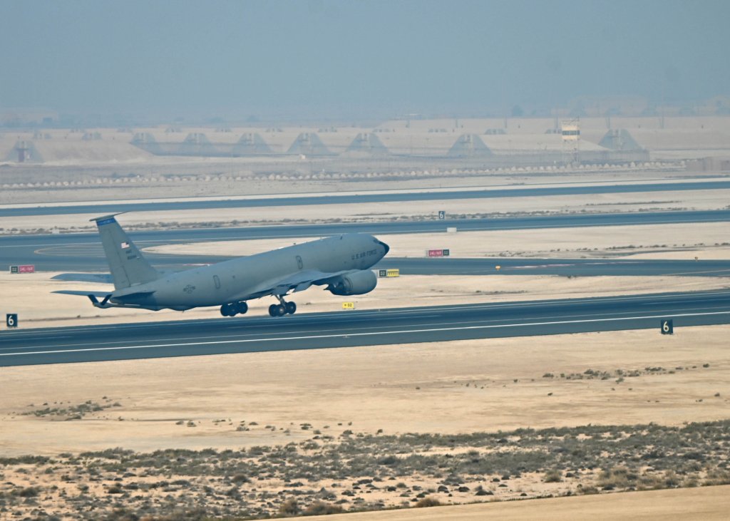 A U.S. Air Force KC-135 Stratotanker takes off on a newly reopened runway at Al Udeid Air Base, Qatar, Nov. 1, 2023. Due to the joint efforts of the Qatari contractors and the Airmen of the 379th Air Expeditionary Wing, the project was completed two weeks early. (U.S. Air Force photo by Senior Airman Sarah Williams)