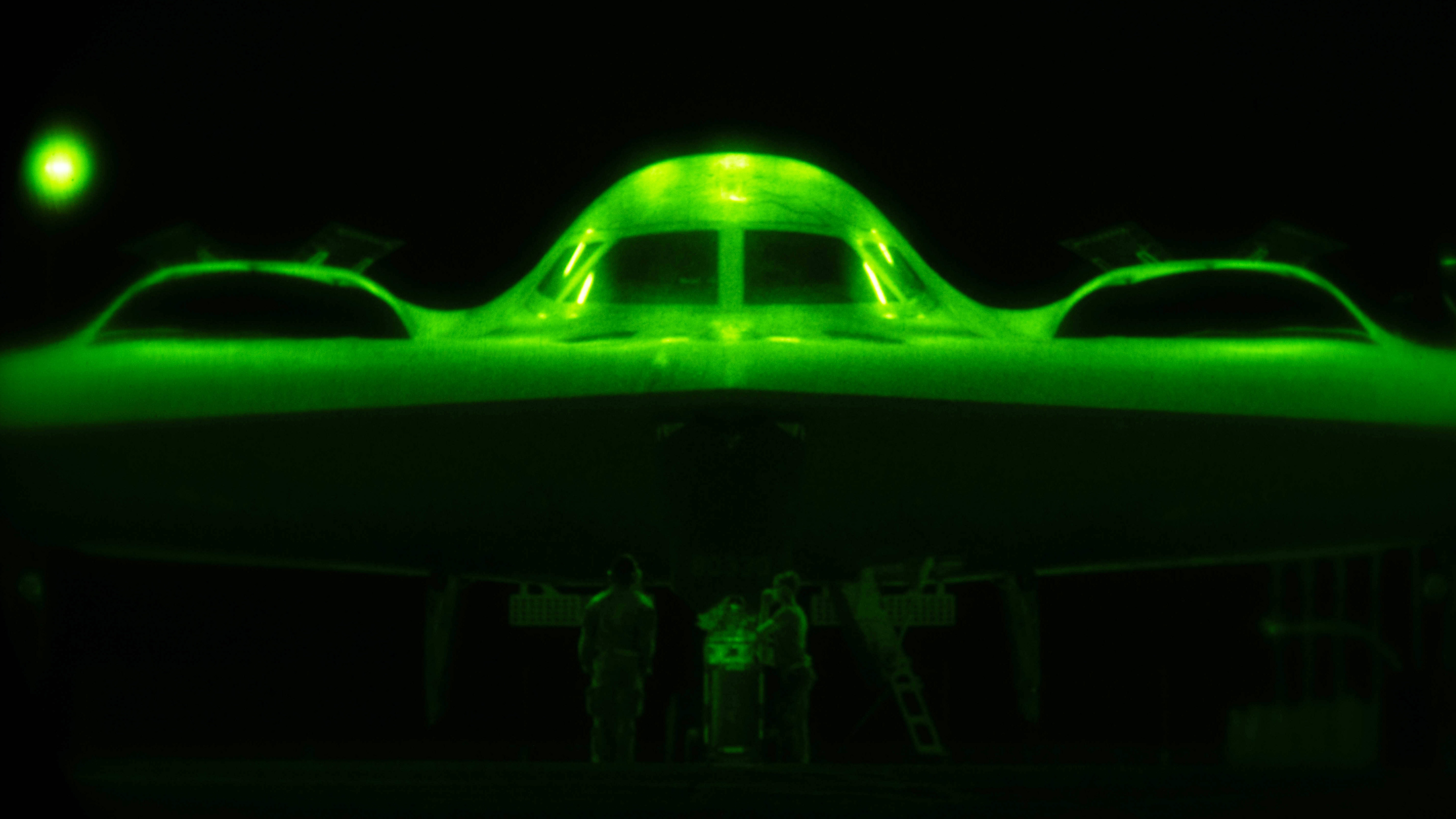 A U.S. Air Force B-2 Spirit is prepared for operations ahead of Operation MIDNIGHT HAMMER at Whiteman Air Force Base, Missouri, June 2025.