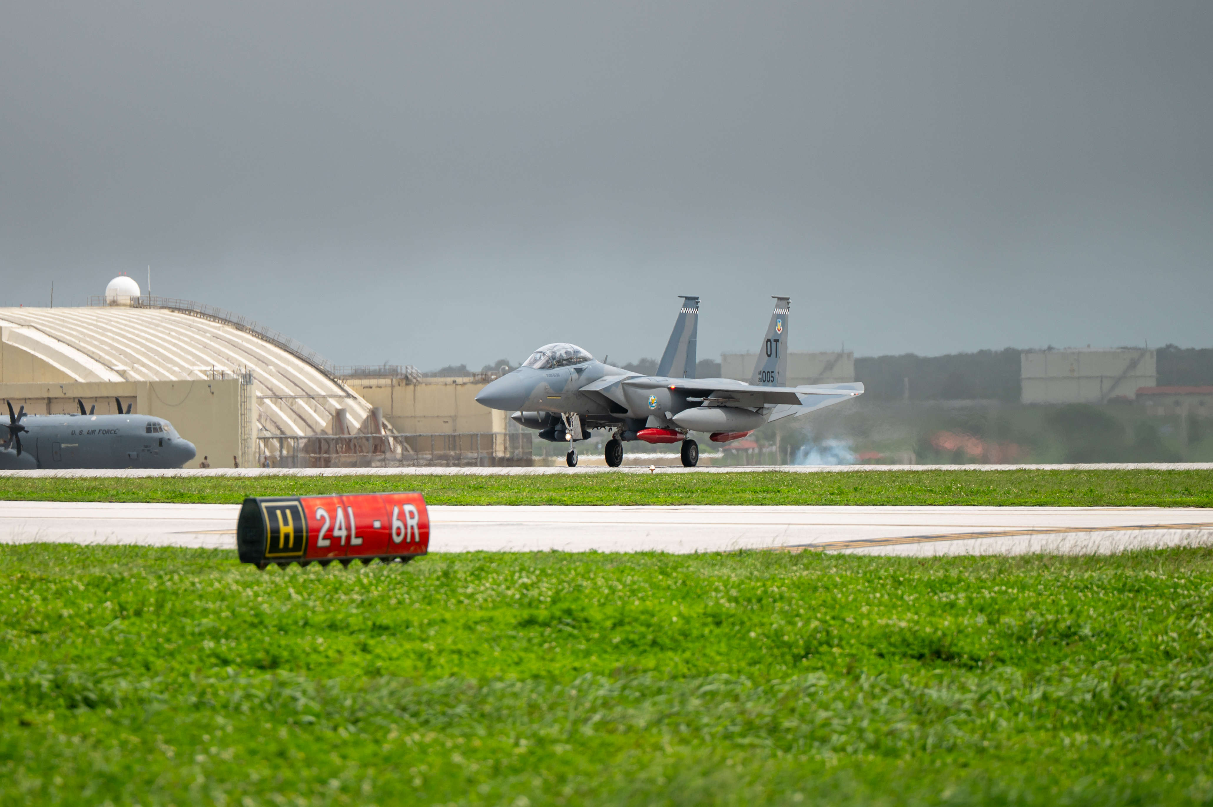 A U.S. Air Force F-15EX Eagle II, assigned to the 85th Test and Evaluation Squadron, Eglin Air Force Base, Fla., lands to participate in exercise Resolute Force Pacific 2025, at Andersen AFB, Guam, July 11, 2025. REFORPAC is part of the U.S. Air Force’s Department-Level Exercise series and demonstrates the Air Force’s ongoing commitment to integrating the latest technology and military capabilities. (U.S. Air Force photo by Airman Xavier Romero)