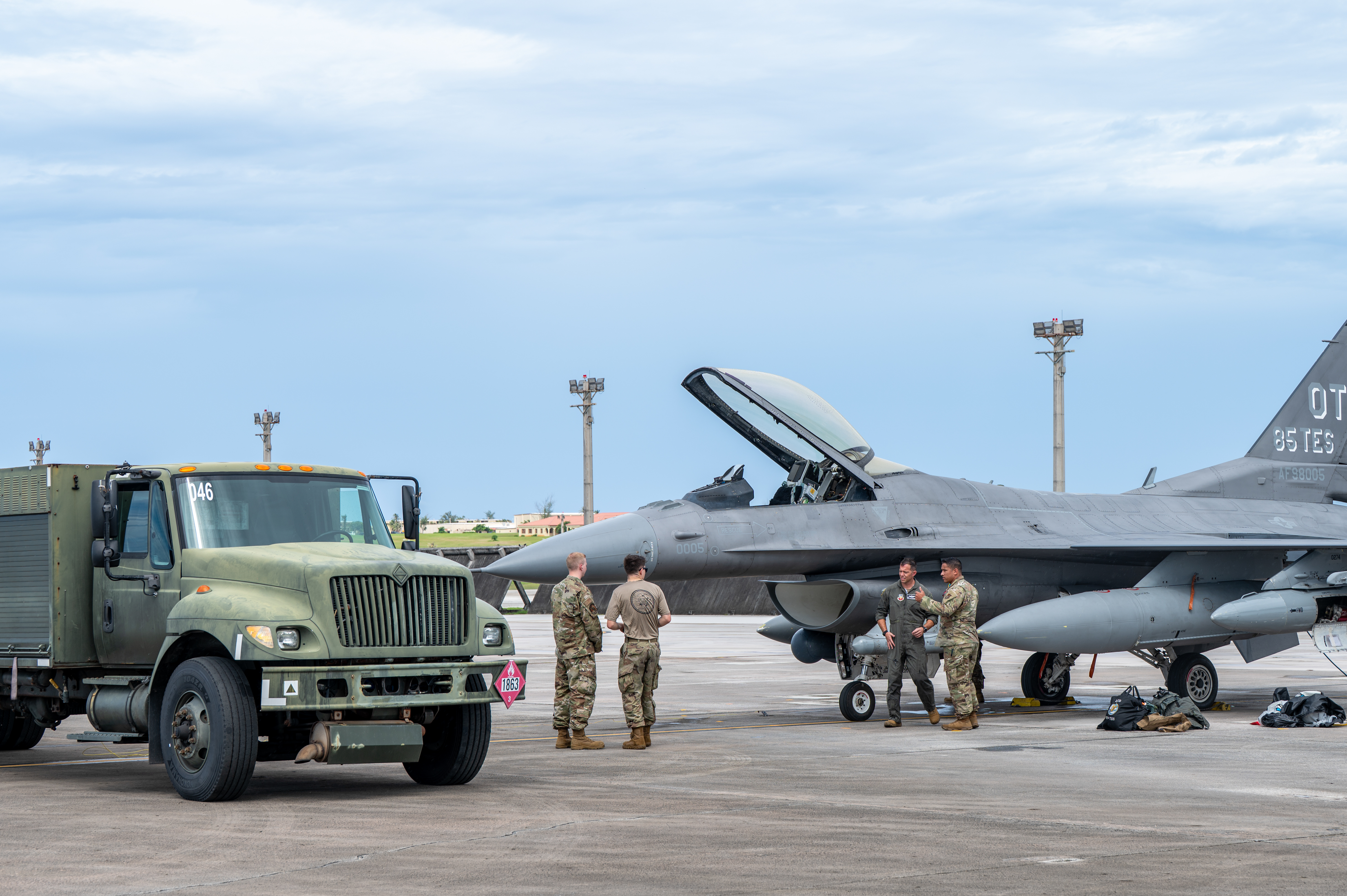 A U.S. Air Force F-16C Fighting Falcon, assigned to the 85th Test and Evaluation Squadron at Eglin Air Force Base, Fla., is prepped for refueling after a flight to Andersen AFB, Guam, to participate in exercise Resolute Force Pacific 2025, July 11, 2025. REFORPAC is designed to deliver Air Force capabilities to the Indo-Pacific region at speed and scale, then demonstrate the ability to command and control agile combat employment operations across more than six time zones. (U.S. Air Force photo by Airman Xavier Romero)