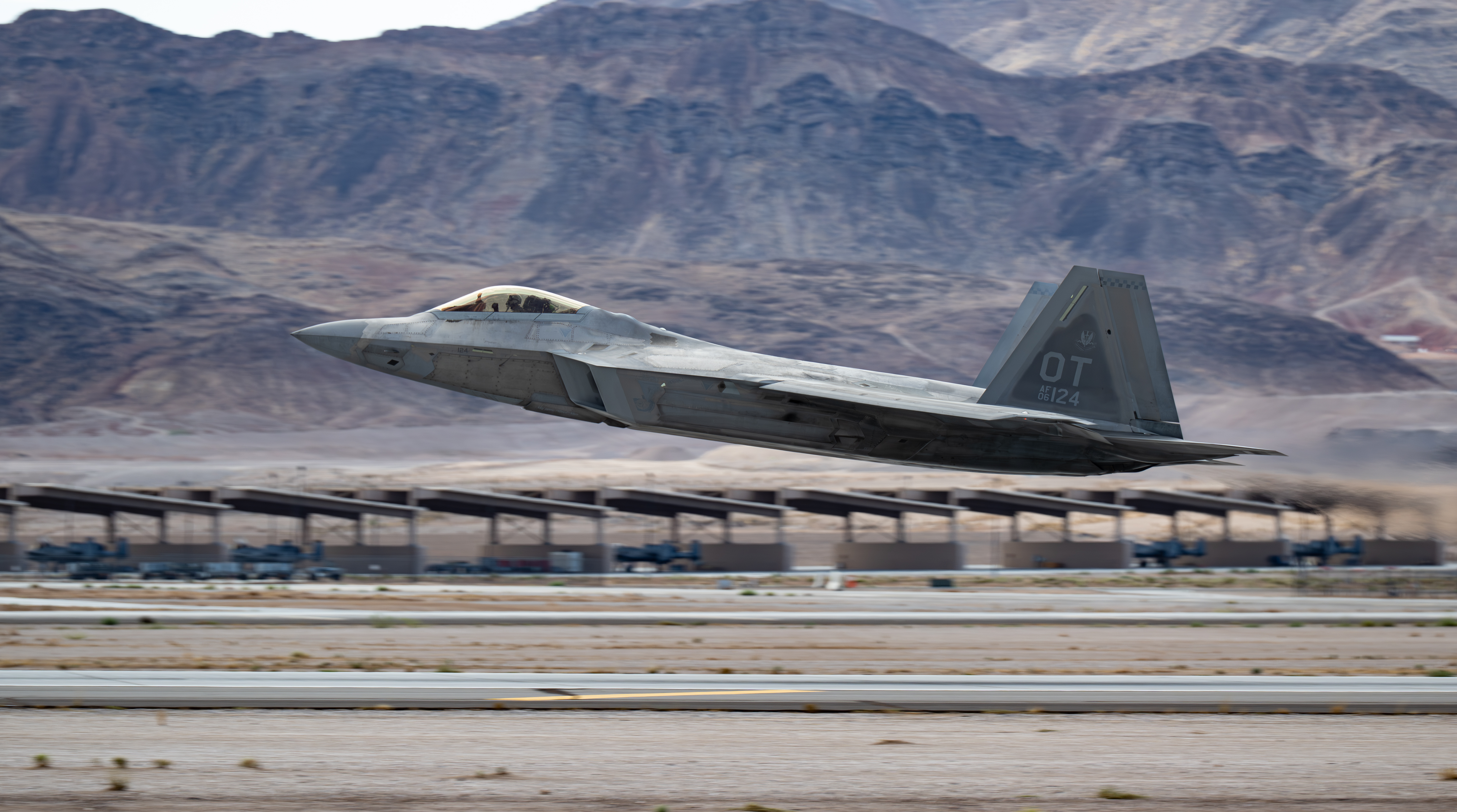 A U.S. Air Force F-22 Raptor fighter jet assigned to the 422nd Test and Evaluation Squadron (TES), takes off for a mission at Nellis Air Force Base, Nevada, Sep. 4, 2025. The 422nd TES is a geographically separated unit of the 53rd Test and Evaluation Group, Eglin AFB, Florida. (U.S. Air Force photo by William R. Lewis)