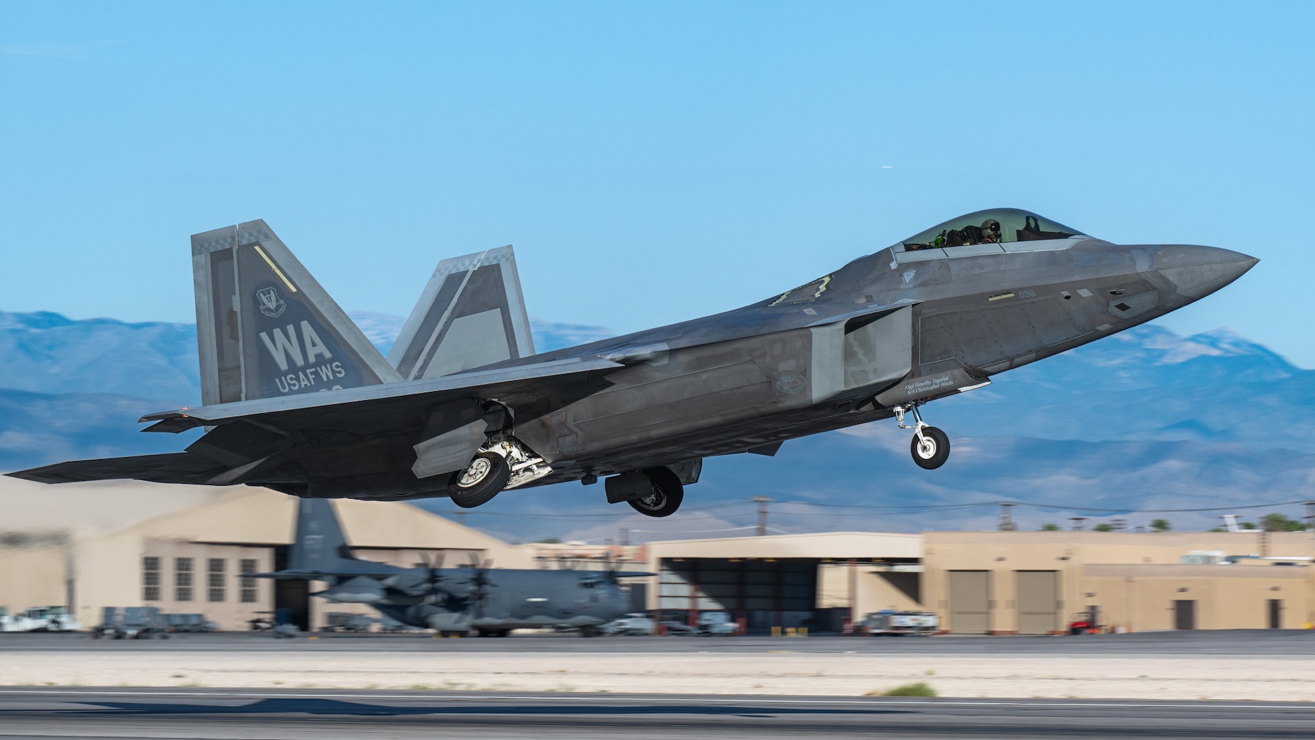 A U.S. Air Force F-22 Raptor assigned to the 433rd Weapons Squadron, U.S. Air Force Weapons School, takes off for a training mission at Nellis Air Force Base, Nevada, Aug. 21, 2025. The USAFWS provides academic and advisory support to numerous units, enhancing air combat training for Airmen from the Air Force, Department of Defense and U.S. allied services each year.