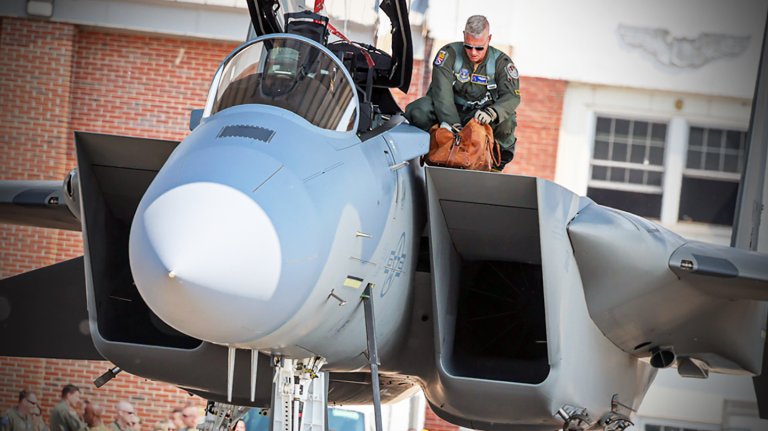 U.S. Air Force Lt. Col. Matthew Olde, the F-15 director of programs and operations at Defense Contract Management Agency Boeing St. Louis, exits an F-15EX Eagle II aircraft at Selfridge Air National Guard Base, Michigan, June 11, 2025. Olde brought the aircraft to the base as part of a site activation task force visit, one of the initial steps to ensure that when both the F-15EX and KC-46 Pegasus missions arrive at Selfridge ANGB, the 127th Wing will be fully prepared with the right infrastructure, personnel, and support to stand them up and operate them effectively.