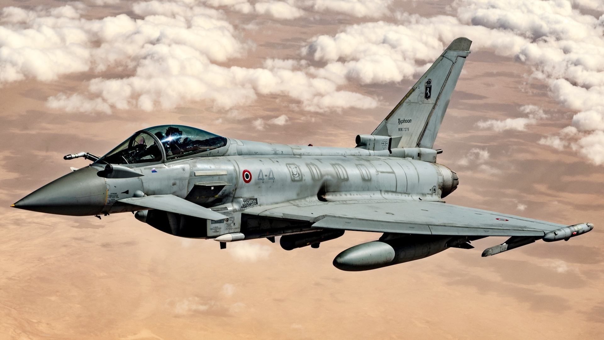 An Italian Air Force F-2000 Eurofighter Typhoon flies a routine presence patrol mission over the U.S. Central Command area of responsibility, Feb. 6, 2025. Close collaboration with partner nations improves interoperability, ensuring rapid crisis response and sustained operations to protect vital mutual interests in the AOR.