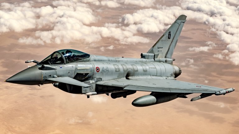 An Italian Air Force F-2000 Eurofighter Typhoon flies a routine presence patrol mission over the U.S. Central Command area of responsibility, Feb. 6, 2025. Close collaboration with partner nations improves interoperability, ensuring rapid crisis response and sustained operations to protect vital mutual interests in the AOR.