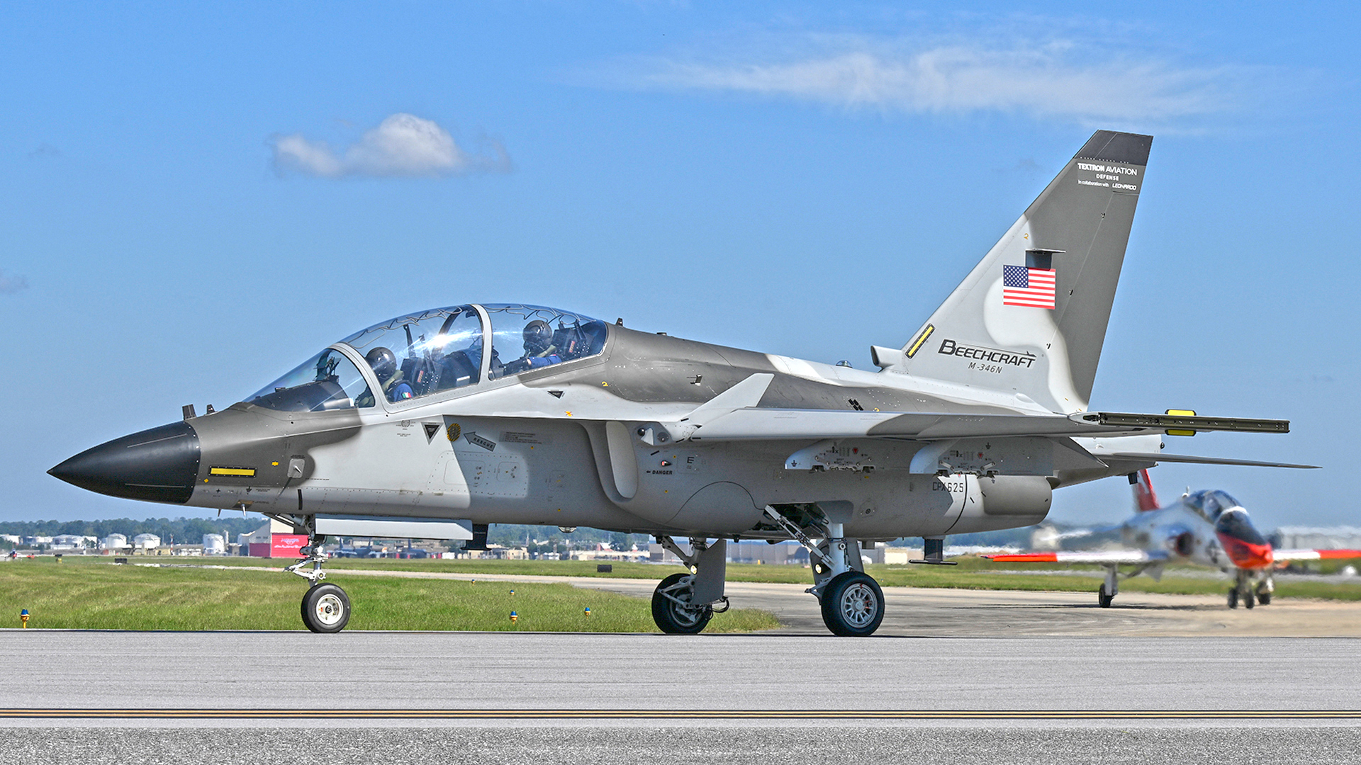 Photo showing Beechcraft M-346N at Key Field, Meridian, Mississippi on Monday Sept. 29, 2025.(Textron Aviation photos by Greg L. Davis) The M-346N is the proposed replacement for the T-45 Goshawk jet trainer for the U.S. Navy's Undergraduate Jet Training System and a product prepared for competition by Beechcraft in collaboration with Leonardo of Italy.
