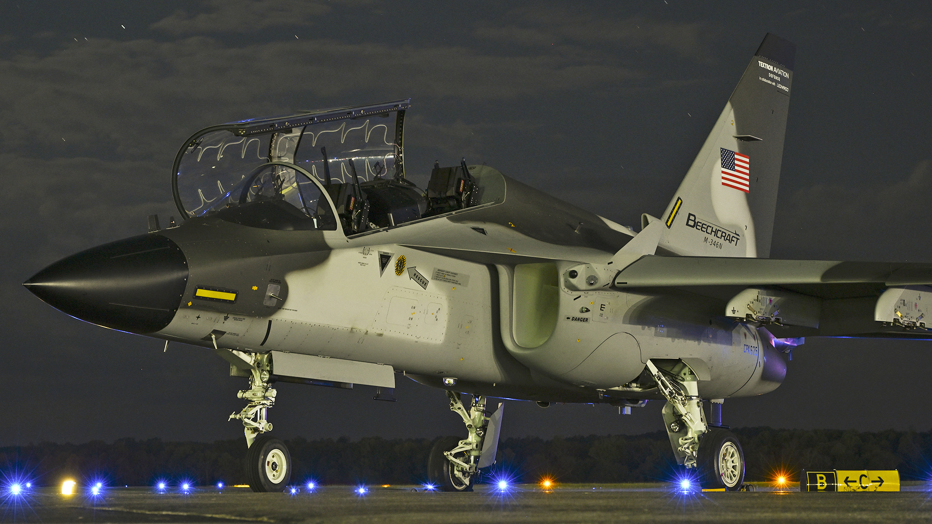 Photo showing Beechcraft M-346N at Key Field, Meridian, Mississippi on Monday Sept. 29, 2025.(Textron Aviation photos by Greg L. Davis) The M-346N is the proposed replacement for the T-45 Goshawk jet trainer for the U.S. Navy's Undergraduate Jet Training System and a product prepared for competition by Beechcraft in collaboration with Leonardo of Italy.