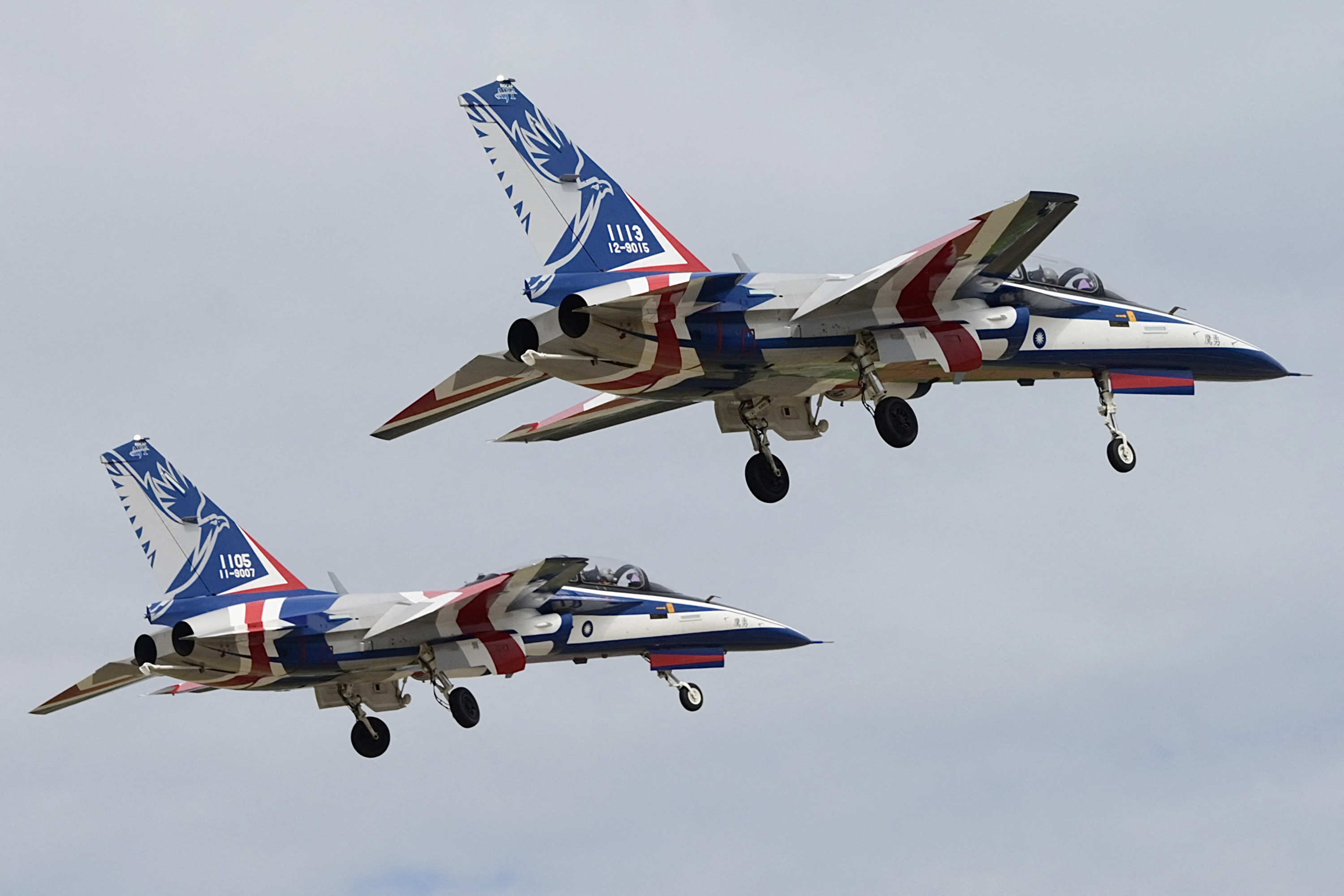A pair of Taiwan-developed AIDC T-5 Brave Eagle advanced jet trainers fly past during a demonstration at an air force base in Taitung, southeast of Taiwan, on November 29, 2023. (Photo by Sam Yeh / AFP) (Photo by SAM YEH/AFP via Getty Images)