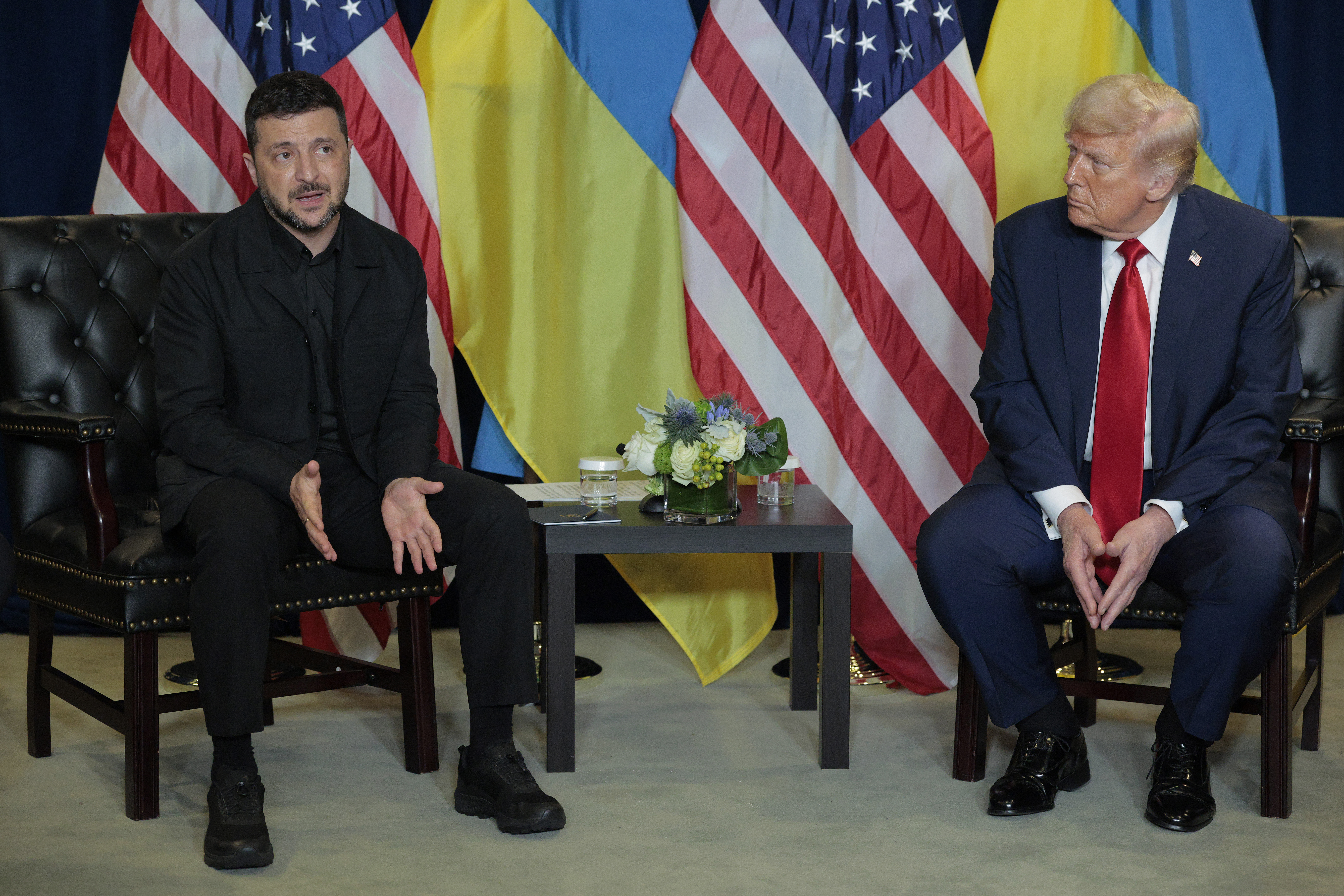 NEW YORK, NEW YORK - SEPTEMBER 23: President of Ukraine Volodymyr Zelensky speaks during a bilateral meeting with U.S. President Donald Trump at the 80th session of the United Nations General Assembly (UNGA) at the UN headquarters on September 23, 2025 in New York City. World leaders convened for the 80th Session of UNGA, with this year’s theme for the annual global meeting being “Better together: 80 years and more for peace, development and human rights.” (Photo by Chip Somodevilla/Getty Images)