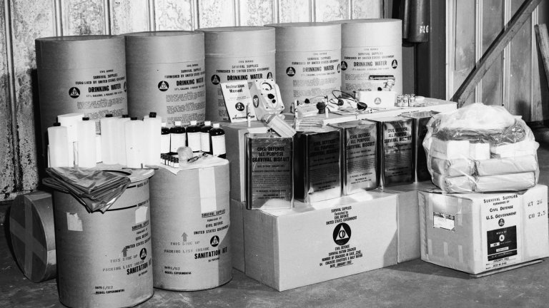 View of food, sanitation, and survival supplies issued by the U.S. defense department for stocking a 50 person public bomb fallout shelter during the Cold War, 1962. (Photo by Pictorial Parade/Getty Images)