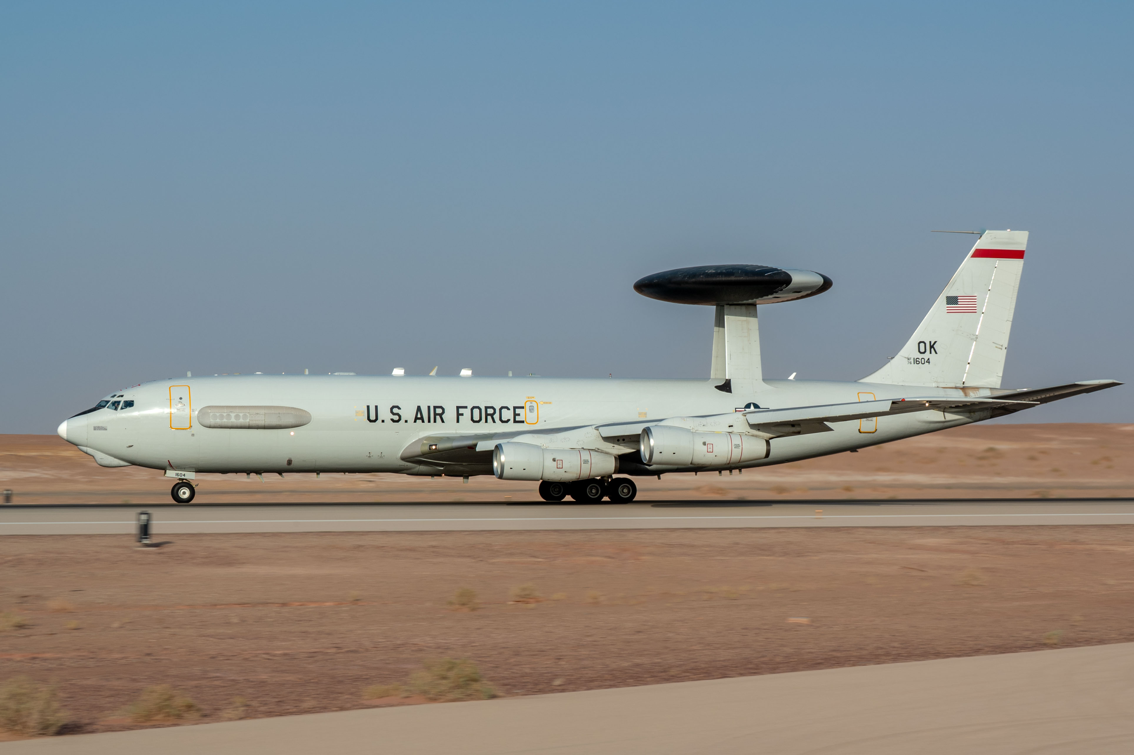 A U.S. Air Force E-3 Sentry assigned to the 960th Expeditionary Airborne Air Control Squadron prepares to take off before an integrated E-3 Sentry sortie with the Royal Saudi Air Force within the U.S. Central Command area of responsibility, July 21, 2025. Integrated operations showcase a unified resolve and ability to respond to evolving challenges together while improving interoperability. (U.S. Air Force photo by Senior Airman Kevin Dunkleberger)