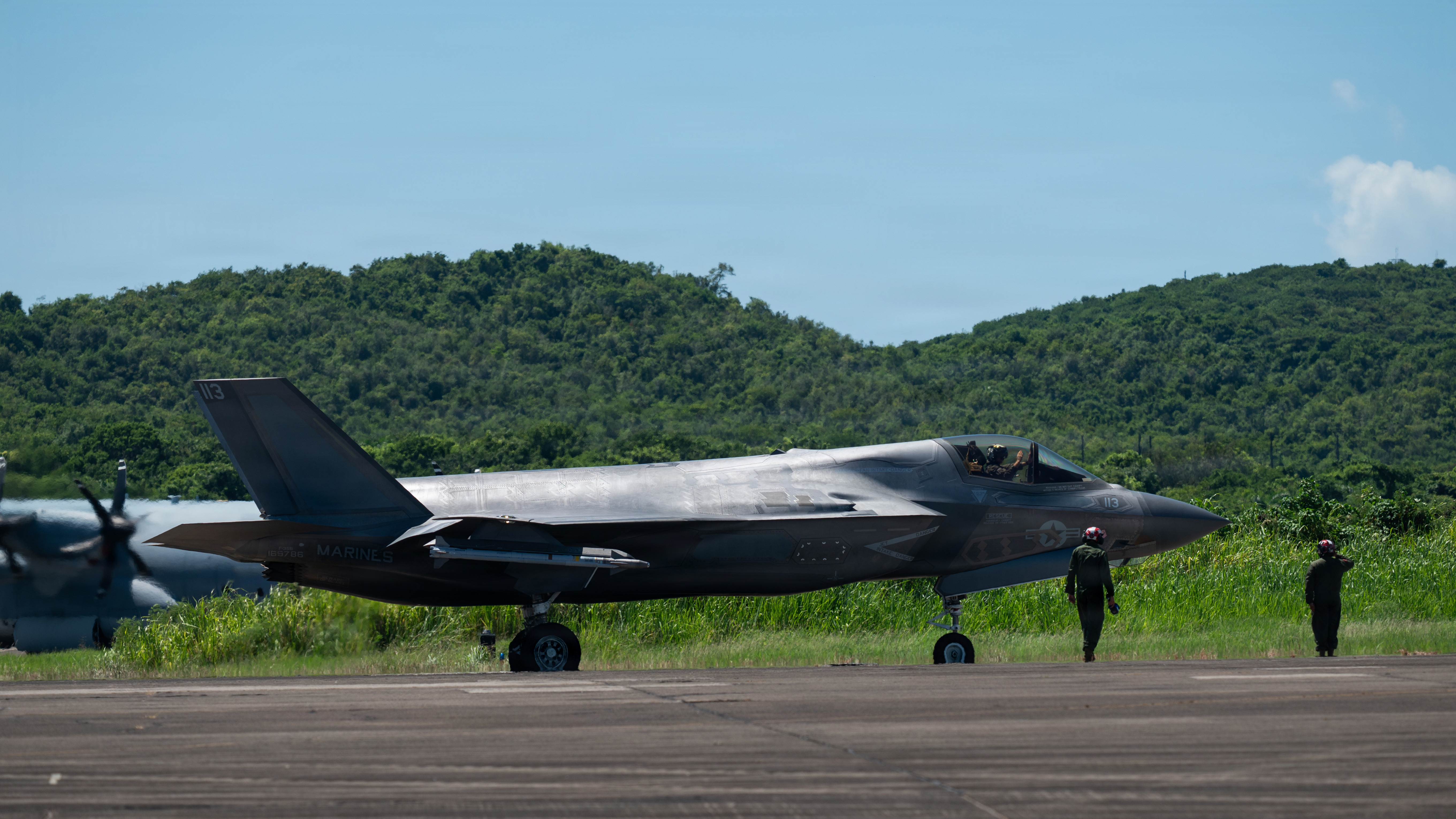 A U.S. Marine F-35B Lightning II prepares for take-off in Ceiba, Puerto Rico, Oct. 2, 2025. U.S. military forces are deployed to the Caribbean in support of the U.S. Southern Command mission, Department of War-directed operations, and the president’s priorities. (U.S. Air Force photo by Staff Sgt. Nathan Call)
