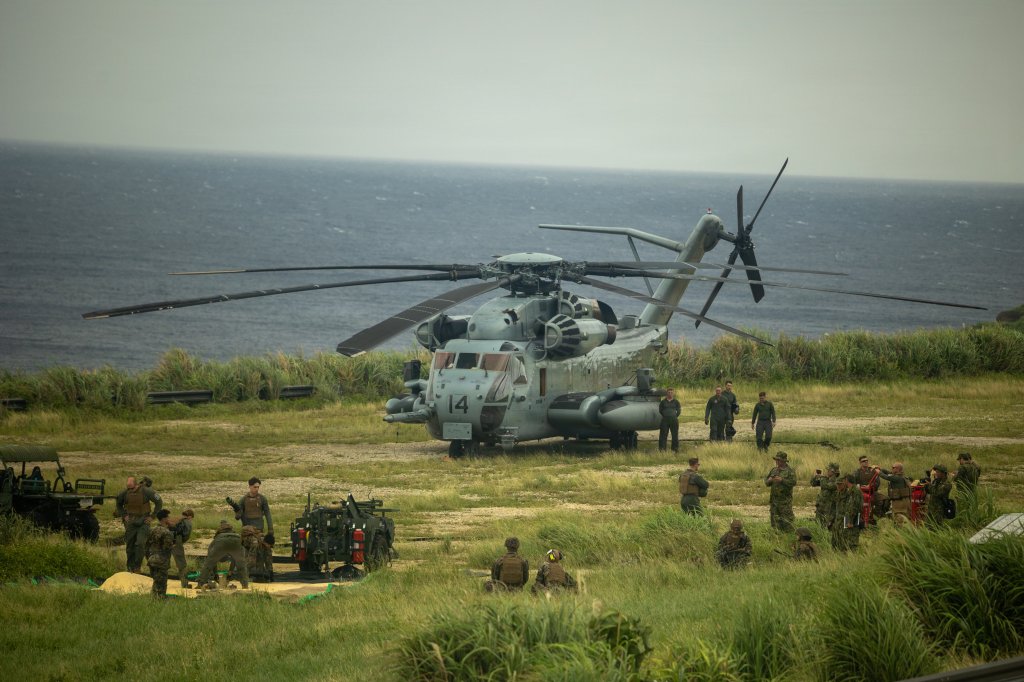 U.S. Marines with Marine Aircraft Group 36, 1st Marine Aircraft Wing and Japan Ground Self-Defense Force members establish a forward arming refueling point on Yonaguni, Japan, Oct. 27, 2025. The FARP training enhanced interoperability and strengthened the ability of U.S. Marines and the JGSDF to control and defend key maritime terrain. (U.S. Marine Corps photo by Lance Cpl. Ryan Sotodavila)