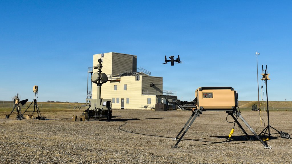 An Anvil drone interceptor launches from its platform in response to a drone threat during an exercise at Minot Air Force Base, N.D., Oct. 23, 2025. The Anvil is an autonomous drone that, when prompted by an operated, can detect, track and classify a threat, and, if required, mitigate the threat with a non-kinetic, low-collateral defeat options. The fly-away kit, shown here, includes the Anvil launch box, mobile sentry trailer; two Wisp wide-area infrared system; two Pulsar electromagnetic warfares systems; and command-and-control software, Lattice. (Department of Defense photo by John Ingle)
