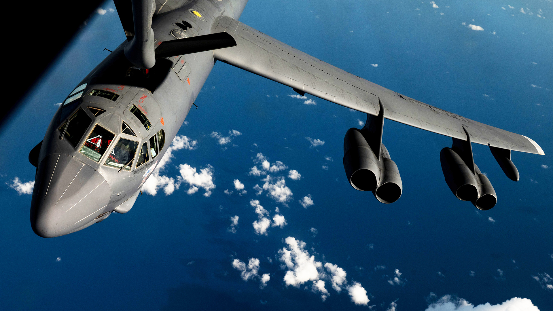A U.S. Air Force B-52H Stratofortress bomber assigned to the 2nd Bomb Wing, receives fuel from a KC-135 Stratotanker aircraft assigned to the 6th Air Refueling Wing, in the U.S. Southern Command area of responsibility, Oct. 15, 2025. B-52s are world-wide deployable and deter foreign terrorist and transnational criminal organizations, which threaten the safety, security and stability of the Western Hemisphere. (U.S. Air Force photo by Senior Airman Zachary Foster)