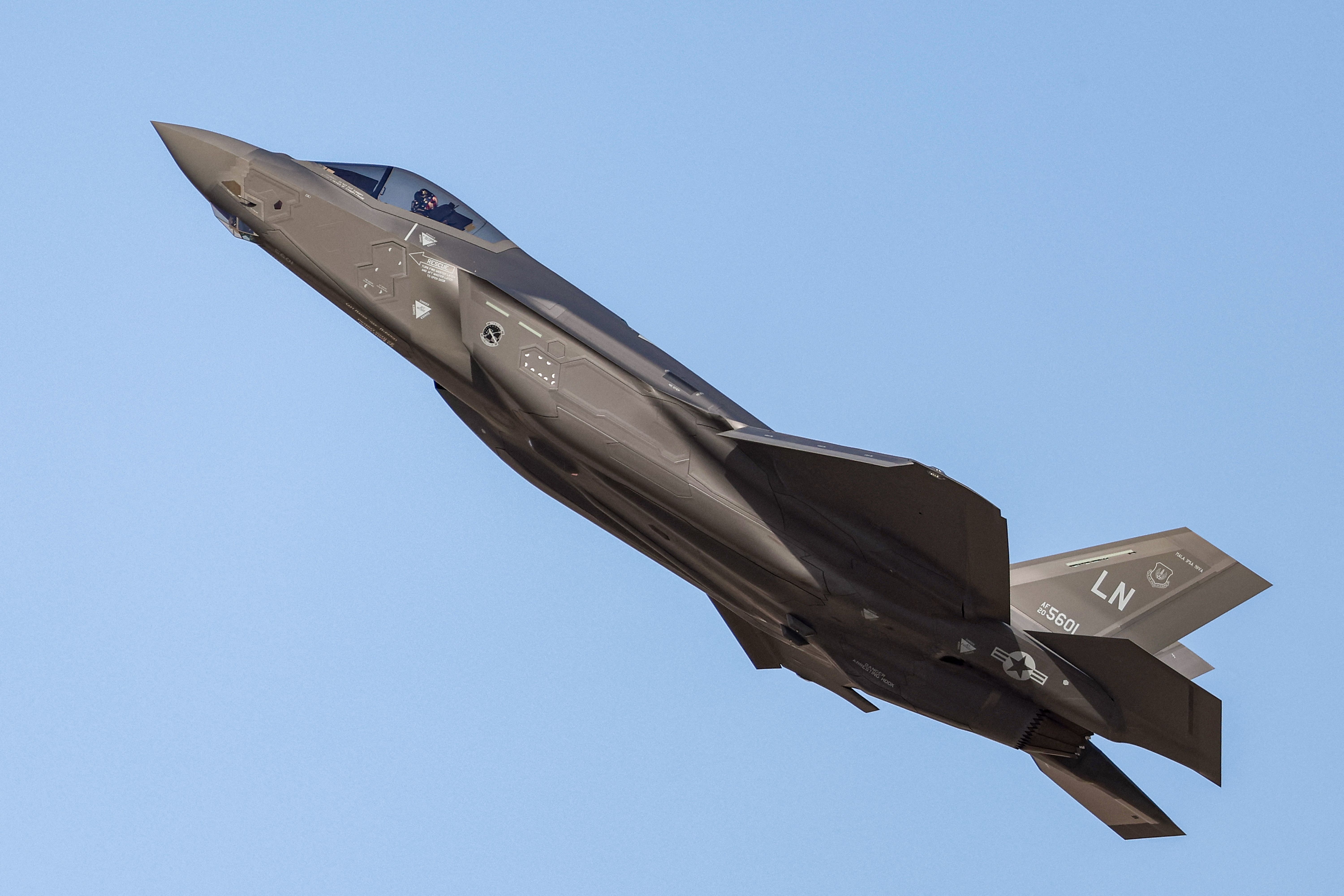 A US Air Force (USAF) Lockheed Martin F-35A Lightning II all-weather stealth multirole combat aircraft flies over during the 2023 Dubai Airshow at Dubai World Central - Al-Maktoum International Airport in Dubai on November 13, 2023. (Photo by Giuseppe CACACE / AFP) (Photo by GIUSEPPE CACACE/AFP via Getty Images)