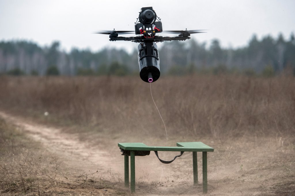 A fiber-optic-controlled drone is designed for the Ukrainian Armed Forces in the Kyiv region, Ukraine, on January 29, 2025. (Photo by Maxym Marusenko/NurPhoto via Getty Images)