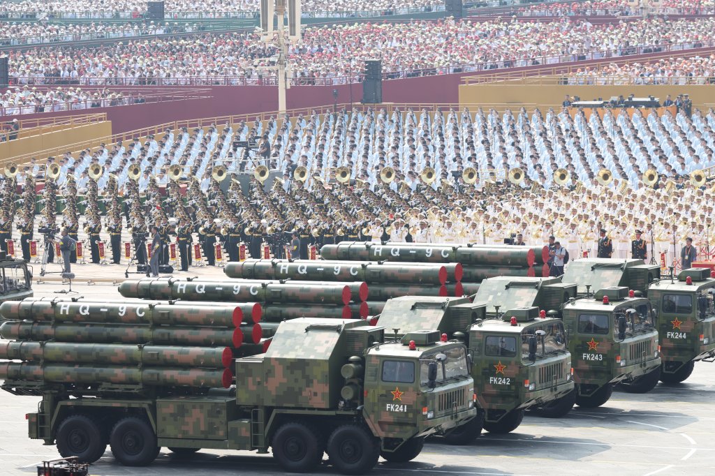 BEIJING, CHINA - SEPTEMBER 03: Military vehicles transport HQ-9C anti-aircraft missiles past Tian'anmen Square during V-Day military parade to commemorate the 80th anniversary of the victory in the Chinese People's War of Resistance against Japanese Aggression and the World Anti-Fascist War on September 3, 2025 in Beijing, China. (Photo by Sheng Jiapeng/China News Service/VCG via Getty Images)