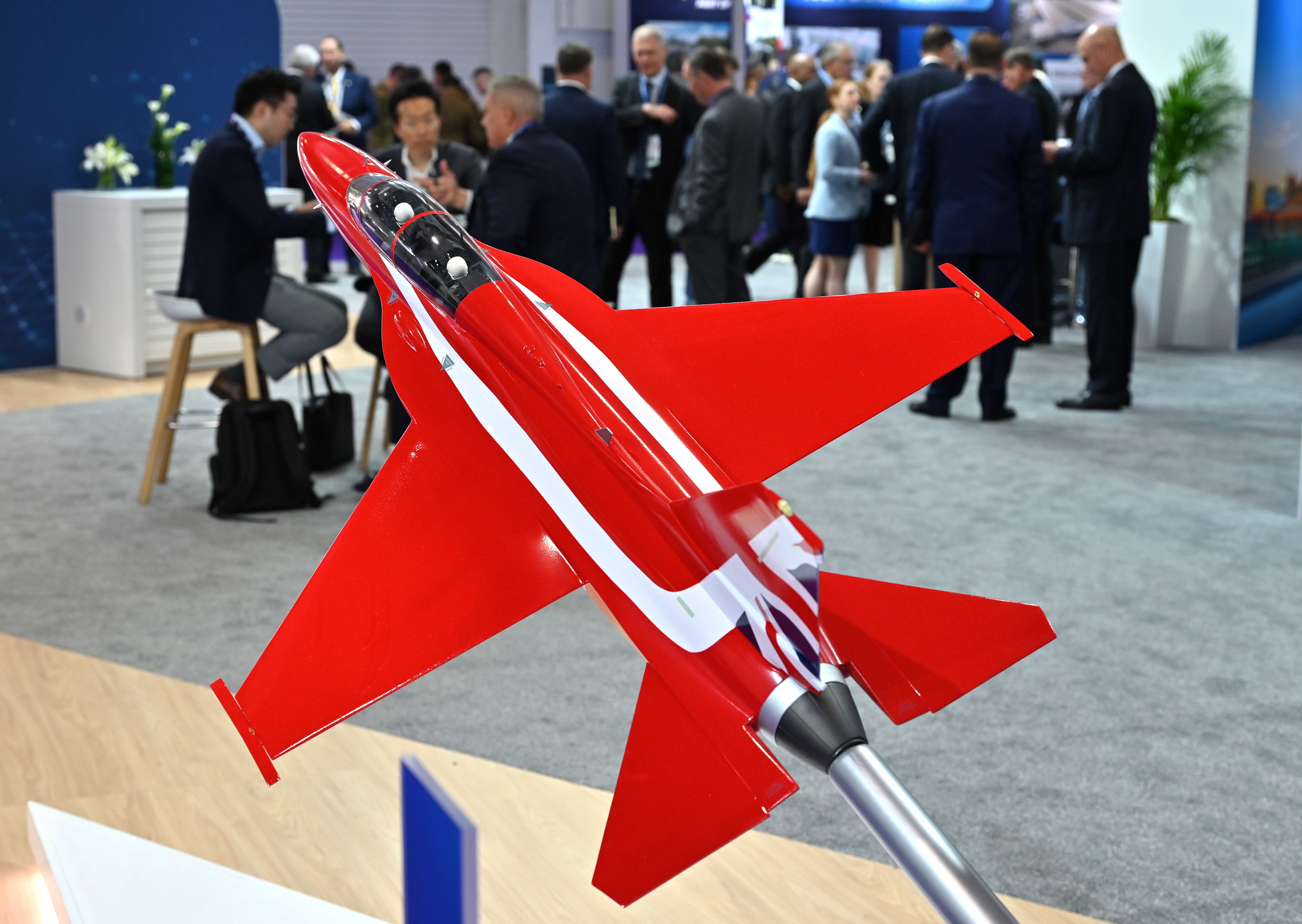 LONDON, ENGLAND - SEPTEMBER 09: A model of a Lockheed Martin TF-50 advanced trainer and light attack fighter is displayed during the Security Equipment International (DSEI) at London Excel on September 09, 2025 in London, England. The Defence and Security Equipment International (DSEI) hosts defence equipment manufacturers from around the world at a 4-day exhibition in London. Anti-war protesters gather outside in the hope of preventing the event from going ahead. (Photo by John Keeble/Getty Images)