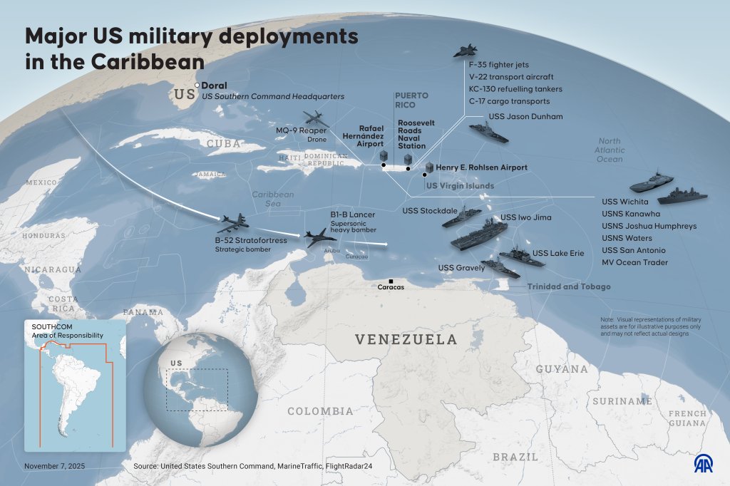 ANKARA, TURKIYE - NOVEMBER 7: An infographic titled "Major US military deployments in the Caribbean" created in Ankara, Turkiye on November 7, 2025. (Photo by Murat Usubali/Anadolu via Getty Images)