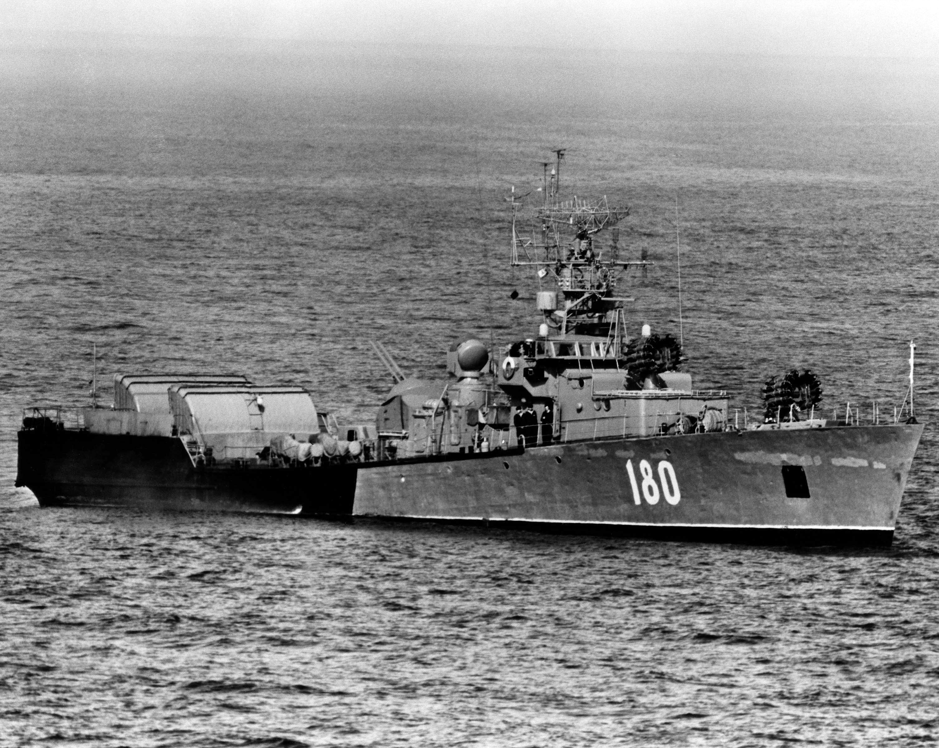 A starboard bow view of the Soviet Poti class fast attack patrol craft 180 underway.