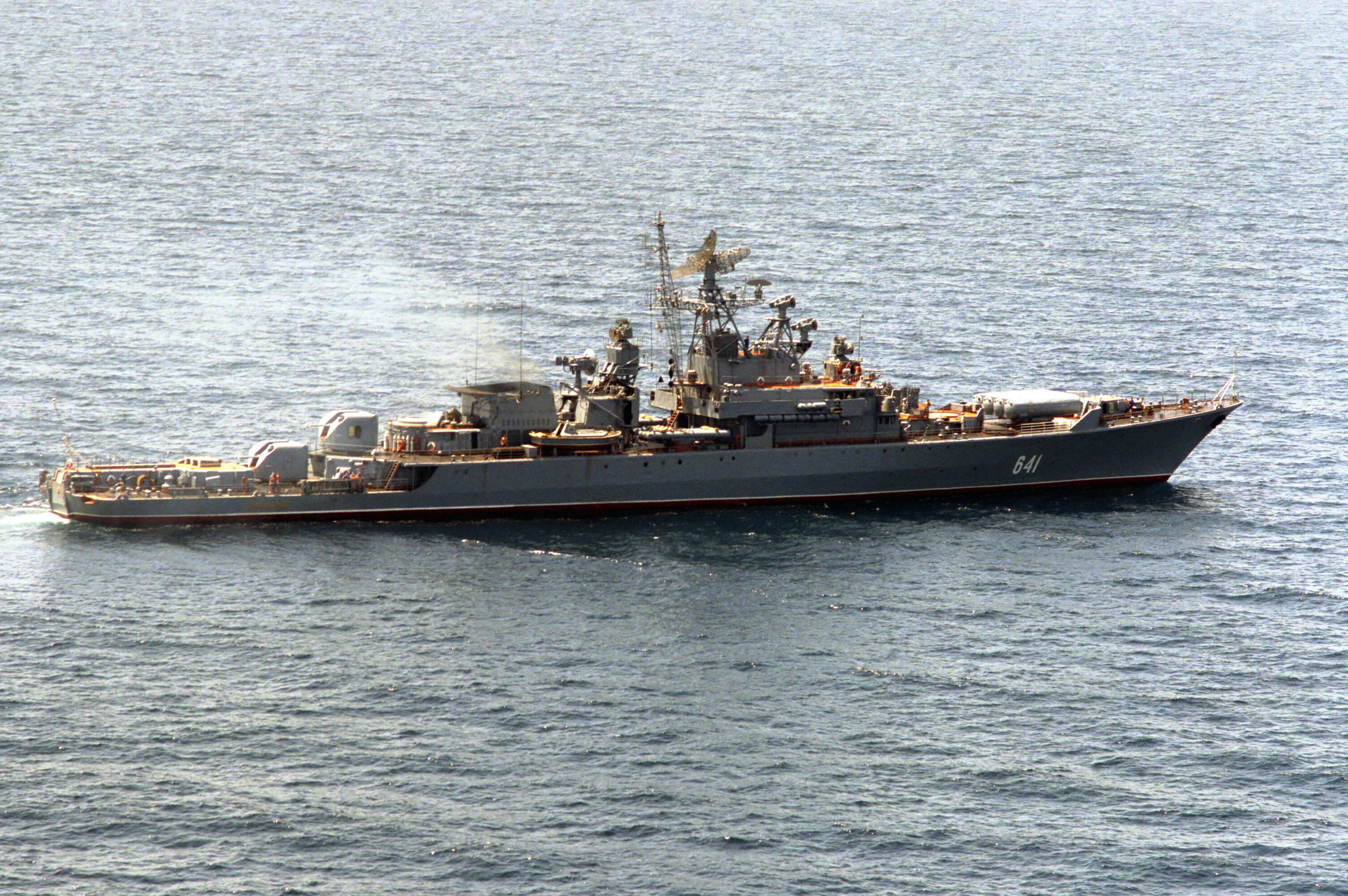 A starboard view of a Soviet Krivak I class guided missile frigate underway.