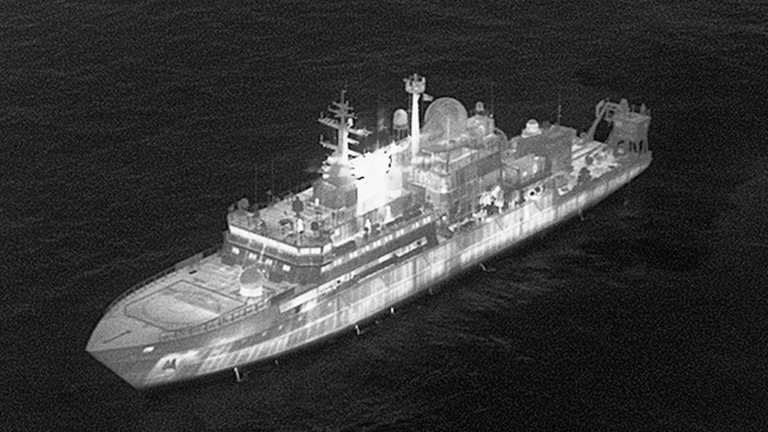 The Yantar, a notorious Russian spy ship, directed lasers at the crews of U.K. Royal Air Force aircraft in waters off the north of Scotland, the British government said today.