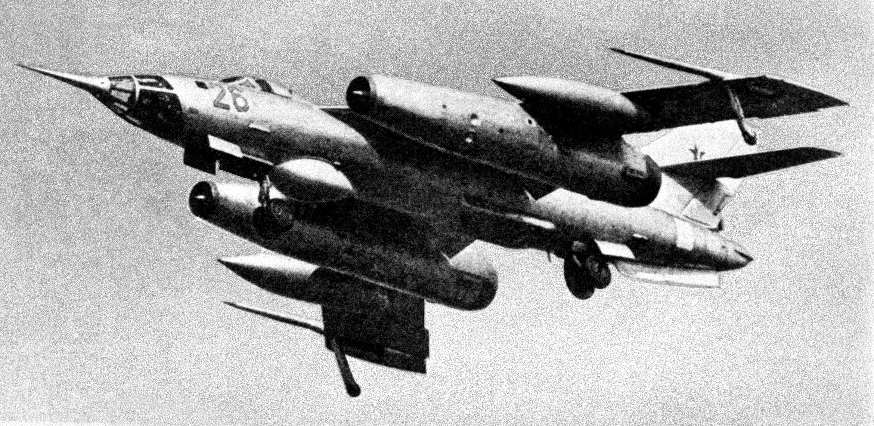 A left underside view of a Soviet Yak-28 Brewer-C aircraft.