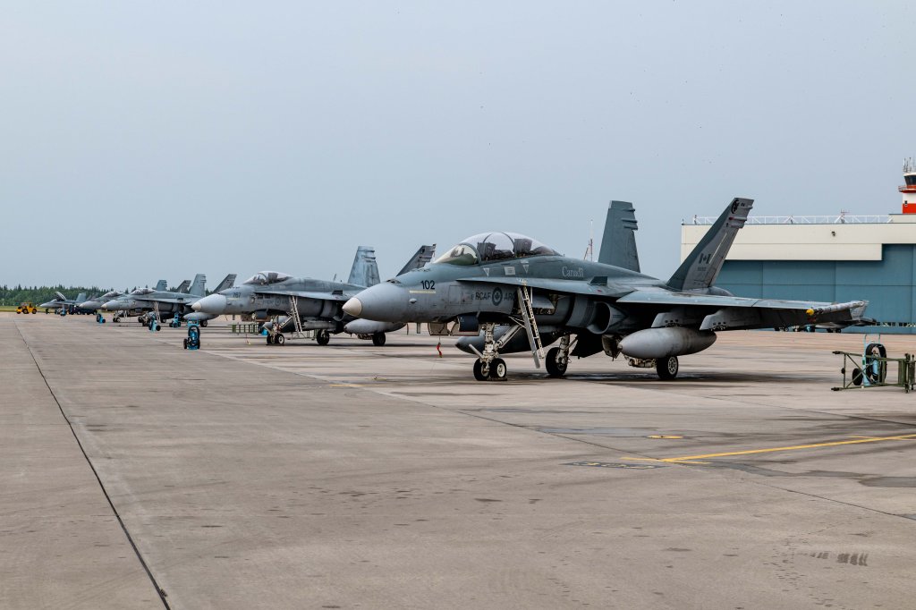Royal Canadian Air Force CF-188 Hornet prepares for flight on the flight line in support of OP CADENCE at 4 Wing Cold Lake, Alberta on 13 June 2025. Please Credit: Corporal Sera Lamming, Canadian Army Imagery Technician