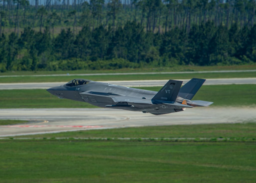 An F-35A Lightning II assigned to the 158th Fighter Wing, Vermont Air National Guard, takes off during a training exercise at Tyndall Air Force Base, Florida, May 16, 2024. During the course of three weeks, more than 175 Airmen and a dozen F-35 Lighting IIs from Vermont’s 158th Fighter Wing joined Airmen, Marines, Soldiers, and Sailors from across the country to participate in the Weapons System Evaluation Program (WSEP) and Checkered Flag exercises at Tyndall Air Base, Florida. (U.S. Air National Guard photo by Staff Sgt. Jana Somero)
