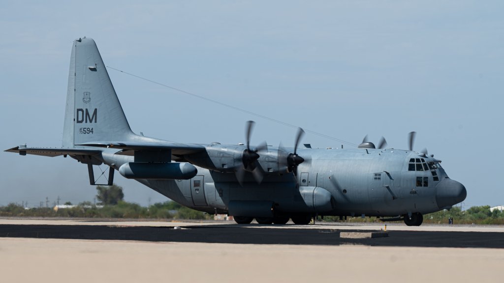 A U.S. Air Force EC-130H Compass Call aircraft taxis on the flightline at Davis-Monthan Air Force Base, Ariz., July 18, 2024. The EC-130H allowed the Air Force to jam communications, navigation systems, early warning and acquisition radars during tactical air, ground and maritime operations. (U.S. Air Force photo by Airman 1st Class Jasmyne Bridgers-Matos)