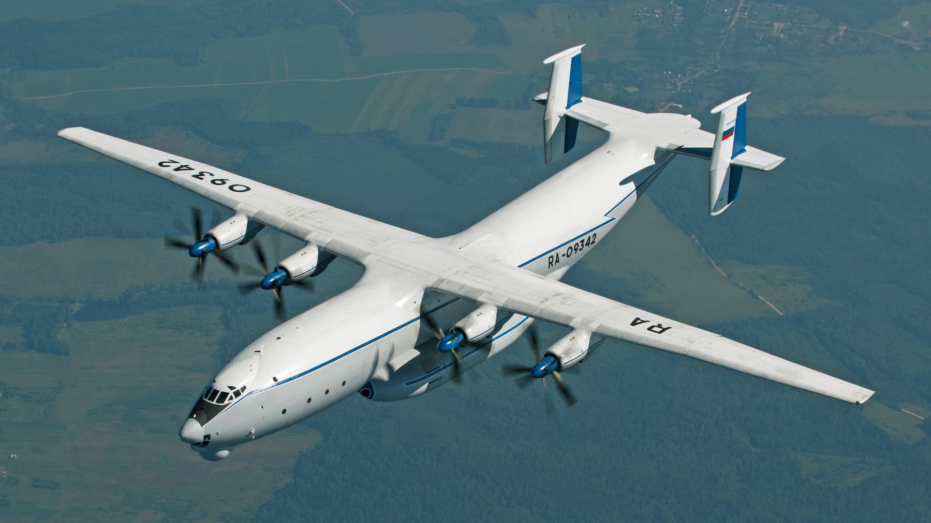 The Antonov An-22 (NATO reporting name 'Cock') in the air. The aircraft powered by four turboprops each driving a pair of contra-rotating propellers, the design remains the world's largest turboprop-powered aircraft. Several airframes are still in service with Russian Air Force.