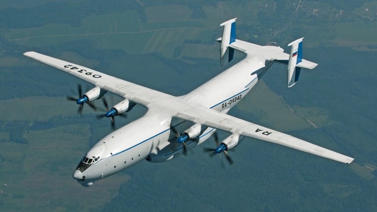 The Antonov An-22 (NATO reporting name 'Cock') in the air. The aircraft powered by four turboprops each driving a pair of contra-rotating propellers, the design remains the world's largest turboprop-powered aircraft. Several airframes are still in service with Russian Air Force.