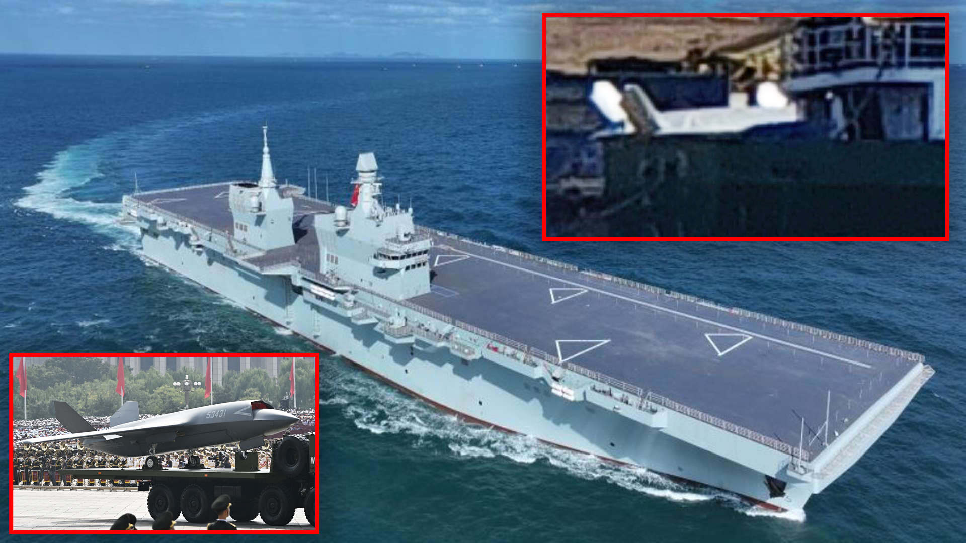 Se ve el Tipo 076 transportando una maqueta o prototipo del dron Leal Wingman.