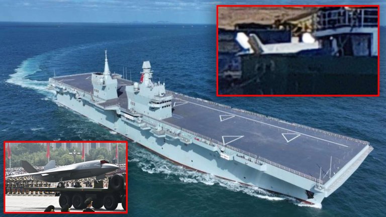 Type 076 seen carrying loyal wingman drone mockup or prototype.