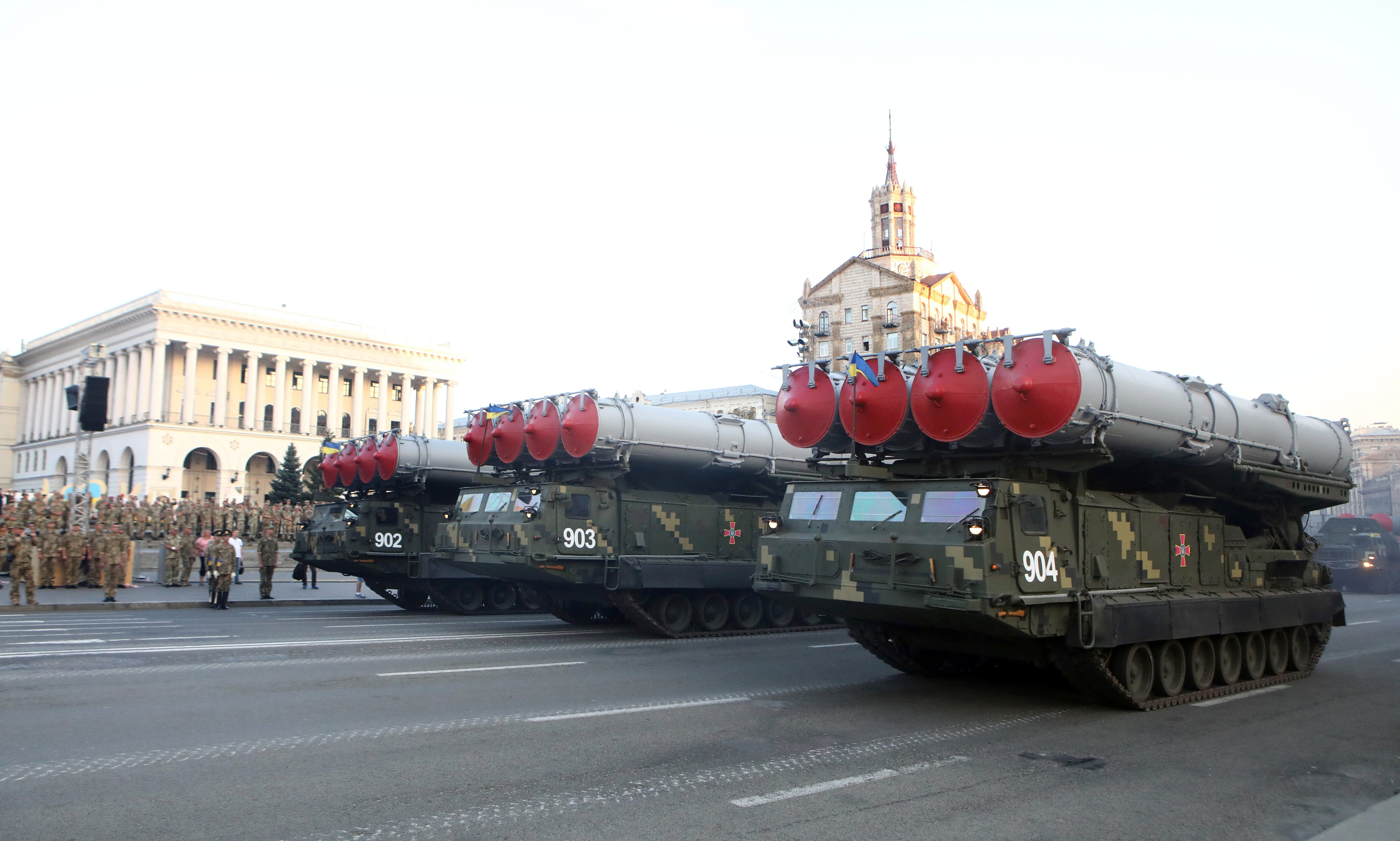 Missile launchers are driven along Khreshchatyk Street during a rehearsal of the Independence Day parade, Kyiv, capital of Ukraine, August 20, 2018. Ukrinform. KYIV. Khreshchatyk Street and Maidan Nezalezhnosti have hosted a rehearsal of the Independence Day parade. Military vehicles, planes and servicemen could be seen in central Kyiv. It is expected that 4,500 soldiers and 250 military vehicles will partake in the traditional parade set to celebrate the 27th Independence Day on August 24. (Photo credit should read TARASOV/Future Publishing via Getty Images)
