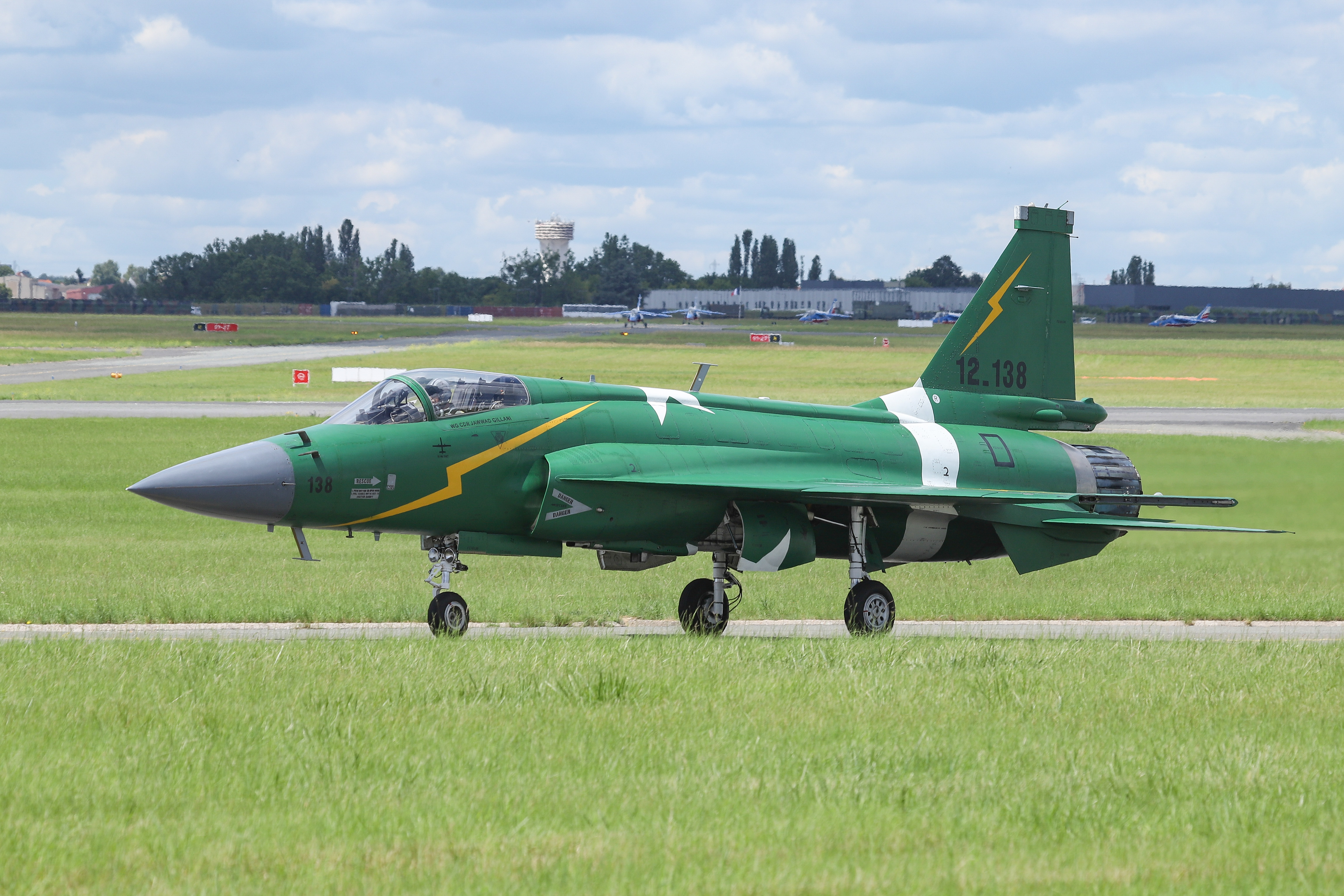 PAC JF-17 Thunder multirole combat aircraft, a fighter jet made in China and Pakistan. The Pakistani plane is painted with the country's flag as it belongs to Pakistan Air Force. The aircraft performed a flight demo, flying demonstration at the 53rd Paris Air Show at Le Bourget Airport in France on June 2019. The advanced and sophisticated fighter jet is developed jointly by the Pakistan Aeronautical Complex (PAC) and the Chengdu Aircraft Corporation (CAC) of China. (Photo by Nicolas Economou/NurPhoto via Getty Images)