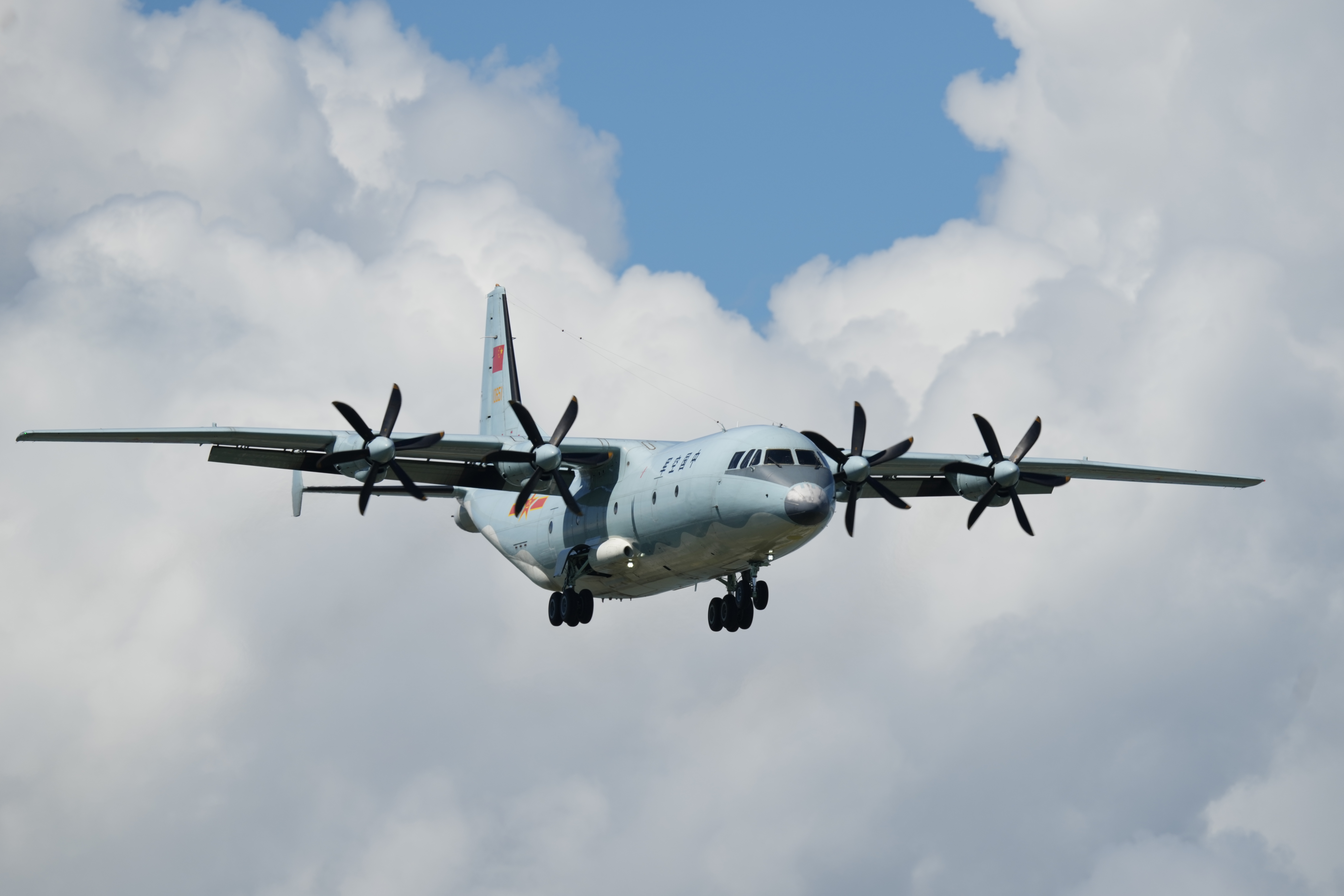 ZHUHAI, CHINA - SEPTEMBER 22: A Y-9 transport aircraft flies in the sky before the upcoming Airshow China 2021 on September 22, 2021 in Zhuhai, Guangdong Province of China. (Photo by Yue Shuhua/VCG via Getty Images)