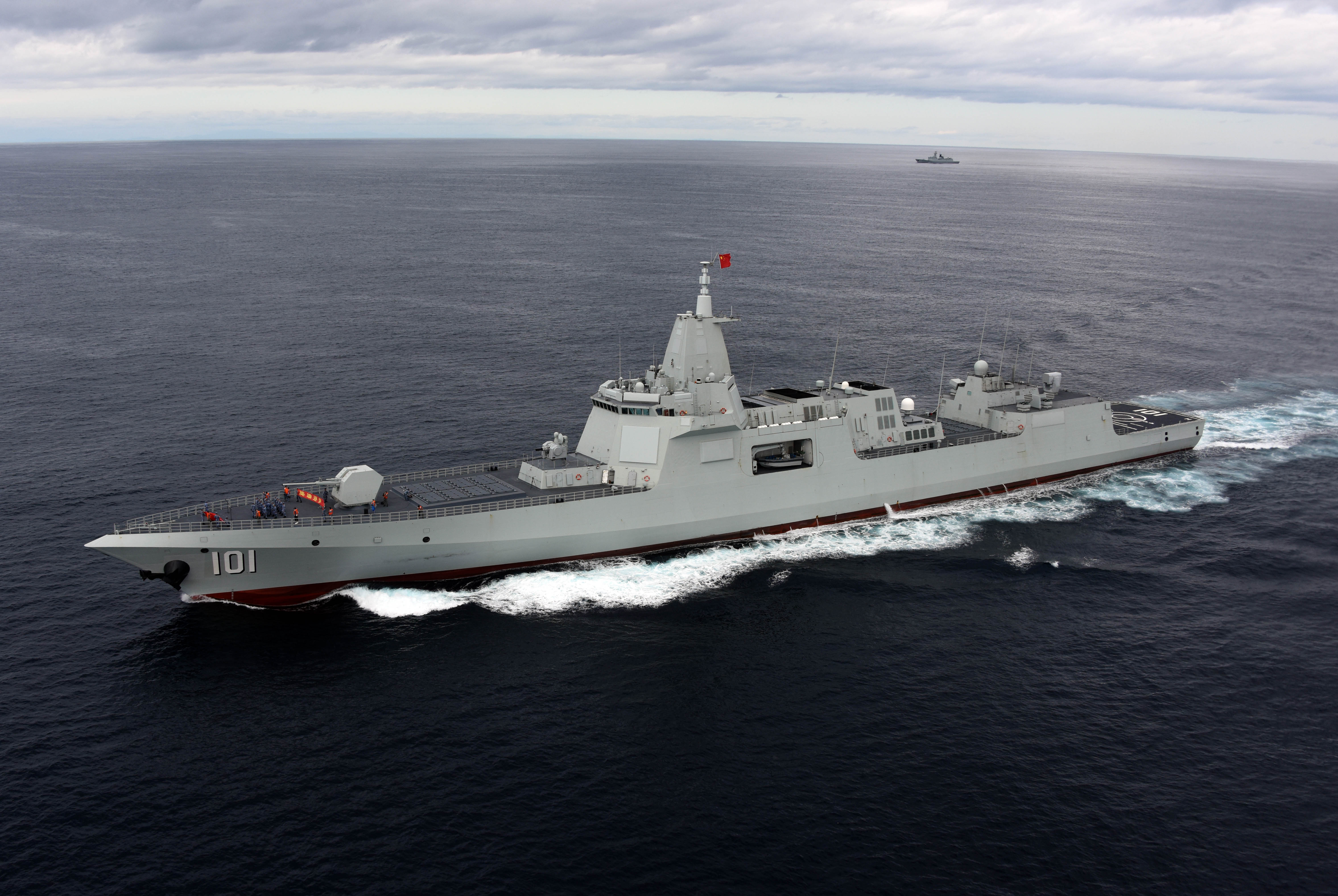 AT SEA, OCTOBER 19: China's type 055 guided-missile destroyer Nanchang sails during the naval exercise Joint Sea-2021 on October 19, 2021 in the Western part of the Pacific Ocean. (Photo by Sun Zifa/China News Service via Getty Images)