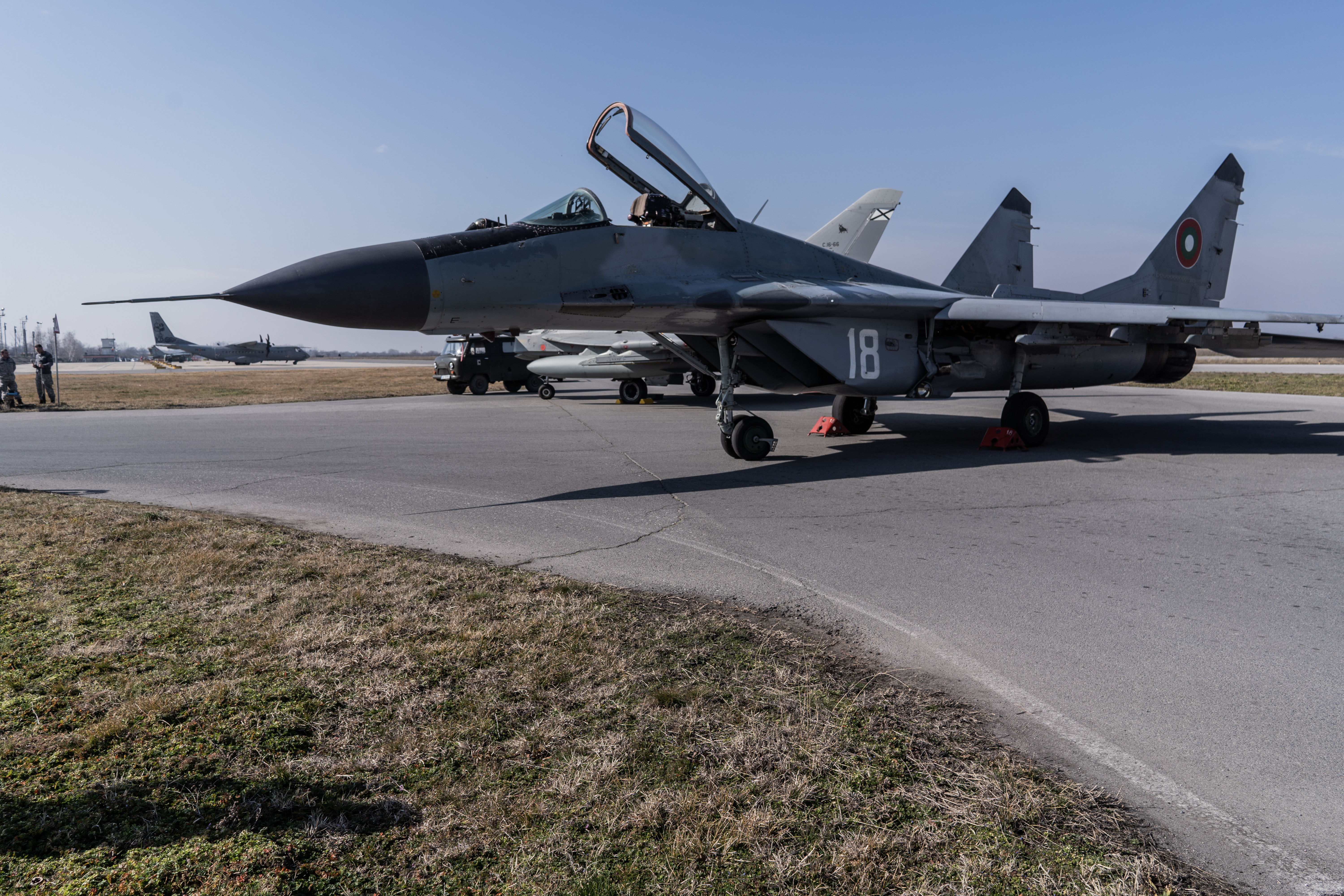 GRAF IGNATIEVO, BULGARIA - FEBRUARY 17: Bulgarian Air Force MiG-29 during the joint tasks on enhanced airspace protection Air Policing by the Bulgarian and Spanish Air Forces on February 17, 2022 in Graf Ignatievo, Bulgaria. Spain will support fellow NATO member Bulgaria with 130 military personnel and four Eurofighter jets amid heightened tensions with Russia. (Photo by Hristo Rusev/Getty Images)