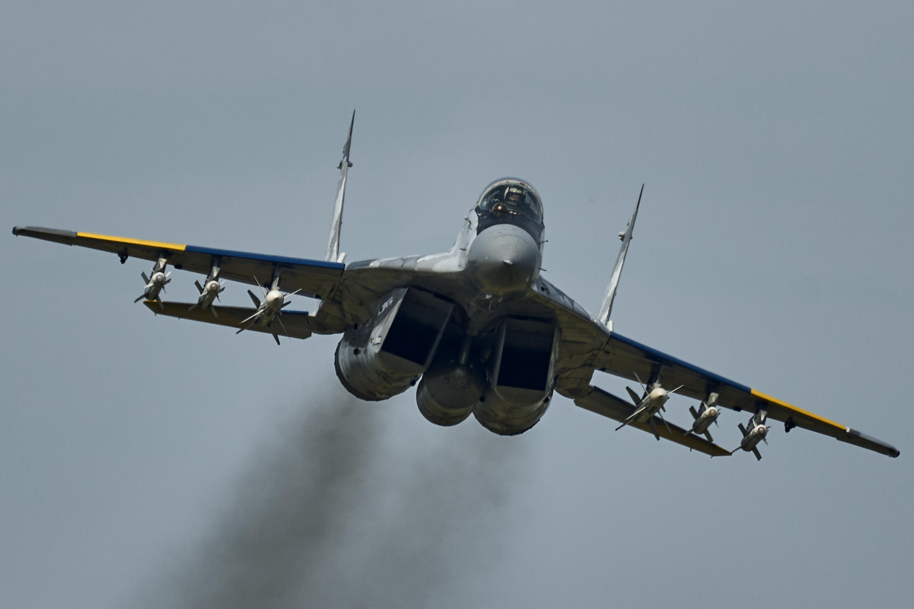 EASTERN UKRAINE - AUGUST 1: A Ukrainian MIG-29 performs a combat mission in Eastern Ukraine on August 1, 2023 in eastern Ukraine. Earlier this year, several NATO members committed to providing warplanes to Ukraine, including Poland and Slovakia, who announced the transfer of MiG-29s. The planes had been used by Ukraine since before Russia's large-scale invasion in February 2022 and Ukrainian pilots were familiar with the Soviet-era aircraft. (Photo by Libkos/Getty Images)